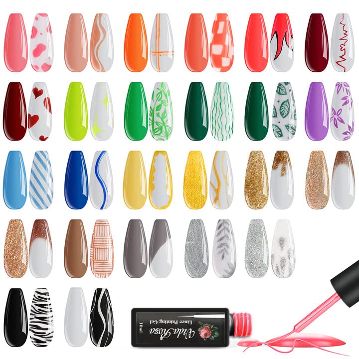 VidaRosa 25 Colors, Gel Nail Liner Polish Pen UV LED Nail Paint Gel Polish Set for 3D Nail Art DIY Nail Design Pull Line Pen Nail Drawing, Nail Painting Polish for Nails Manicure Salon