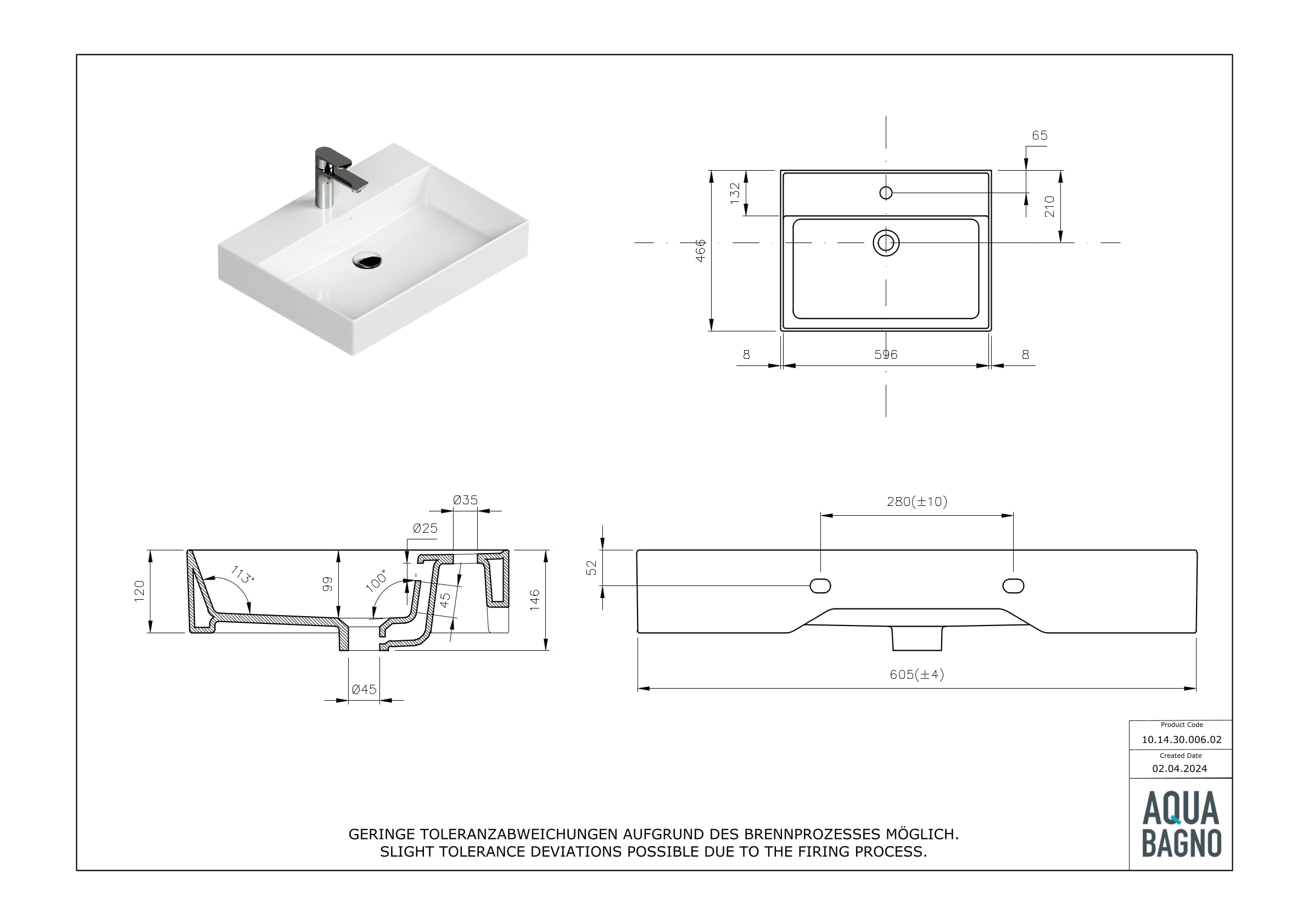 Aqua Bagno lavabo 60 cm bianco – lavabo in ceramica rettangolare per bagno, bordo sottile, design moderno, montaggio a parete o su mobile bagno, superficie facile da pulire e resistente