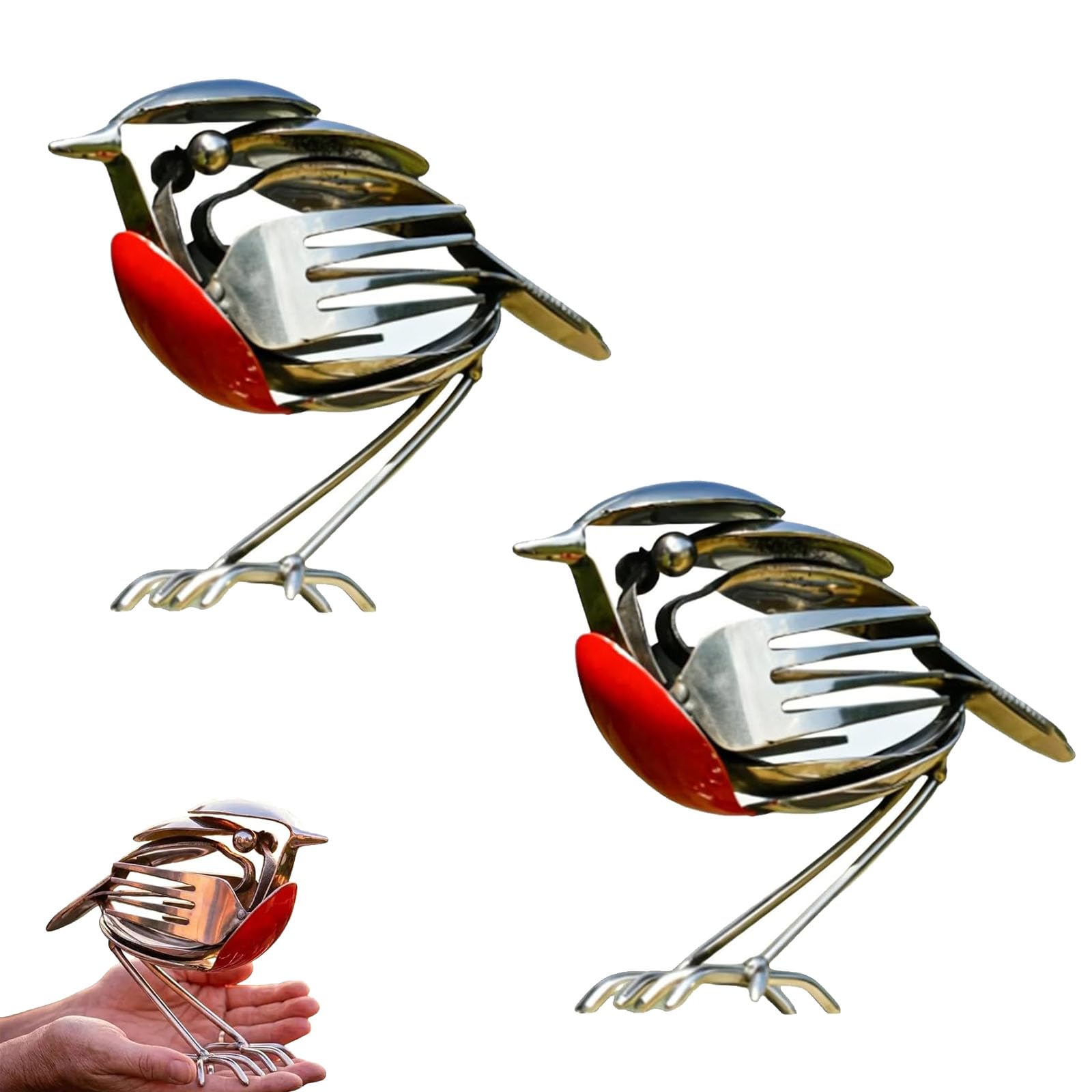 Recycled Fork & Spoon Robin Figurine, Rustic Red Chest Bird Statue, Scrap Metal Art Decor, Handmade Garden Ornament, Weatherproof Yard Patio Decor, Country Cottage Accent, Gift for Bird Lovers (2pc)