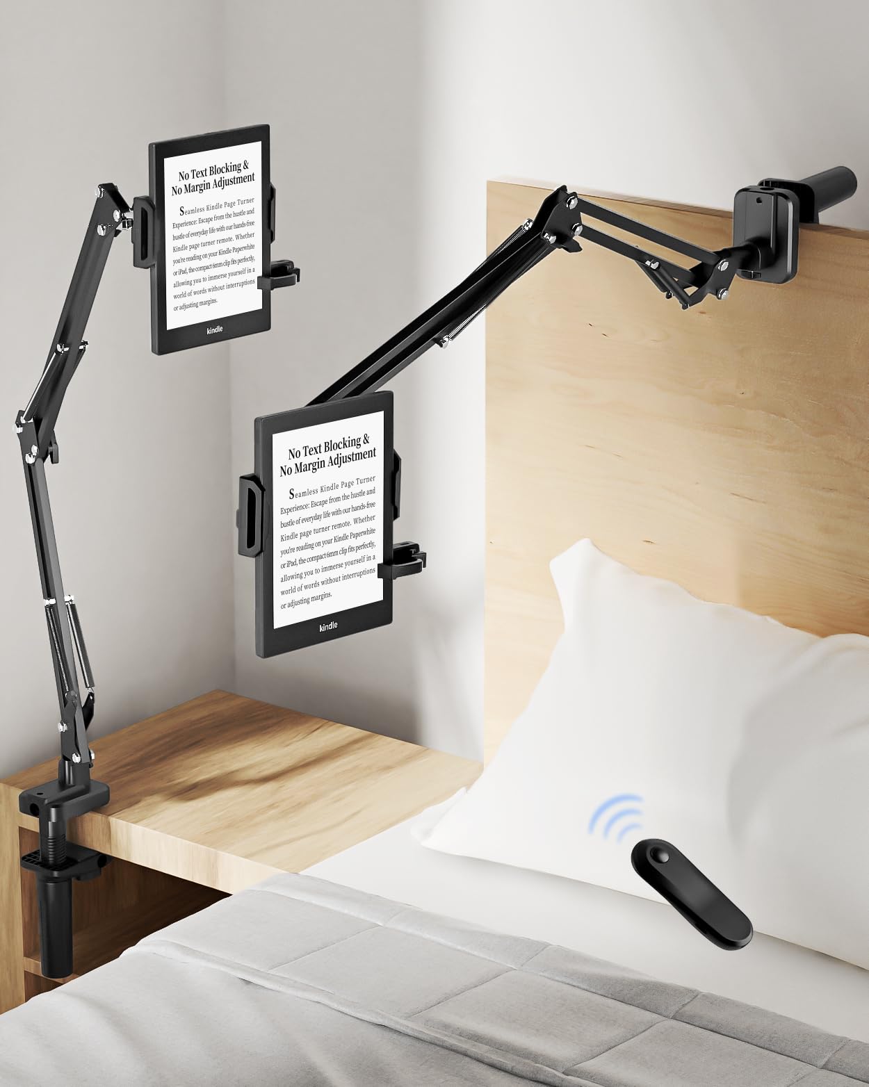 Bongogoo Kindle Holder with Remote Page Turner – Kindle Stand with Remote Page Turner for Bed, Hands-Free Clip Mount, Easy-Adjust Steel Arm (Not