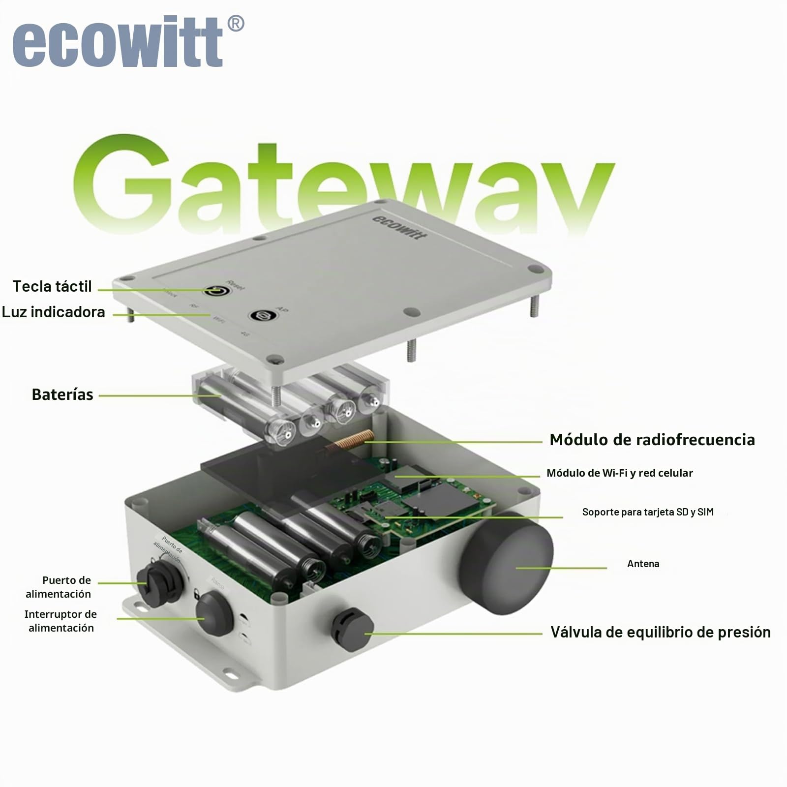 ECOWITT WS6210 Gateway Estación Meteorológica, Receptor Móvil 4G/Wi-Fi para Sensores Exteriores/Interiores, Base IoT para el Hogar, Asistente Ecosistémico Con Panel