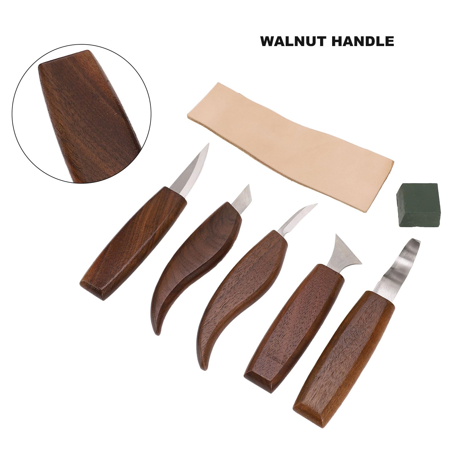 Set di coltelli professionali per intaglio del legno, 5 pezzi, con manico in noce e impugnatura antiscivolo, per progetti fai da te di lavorazione del legno, artigianato e