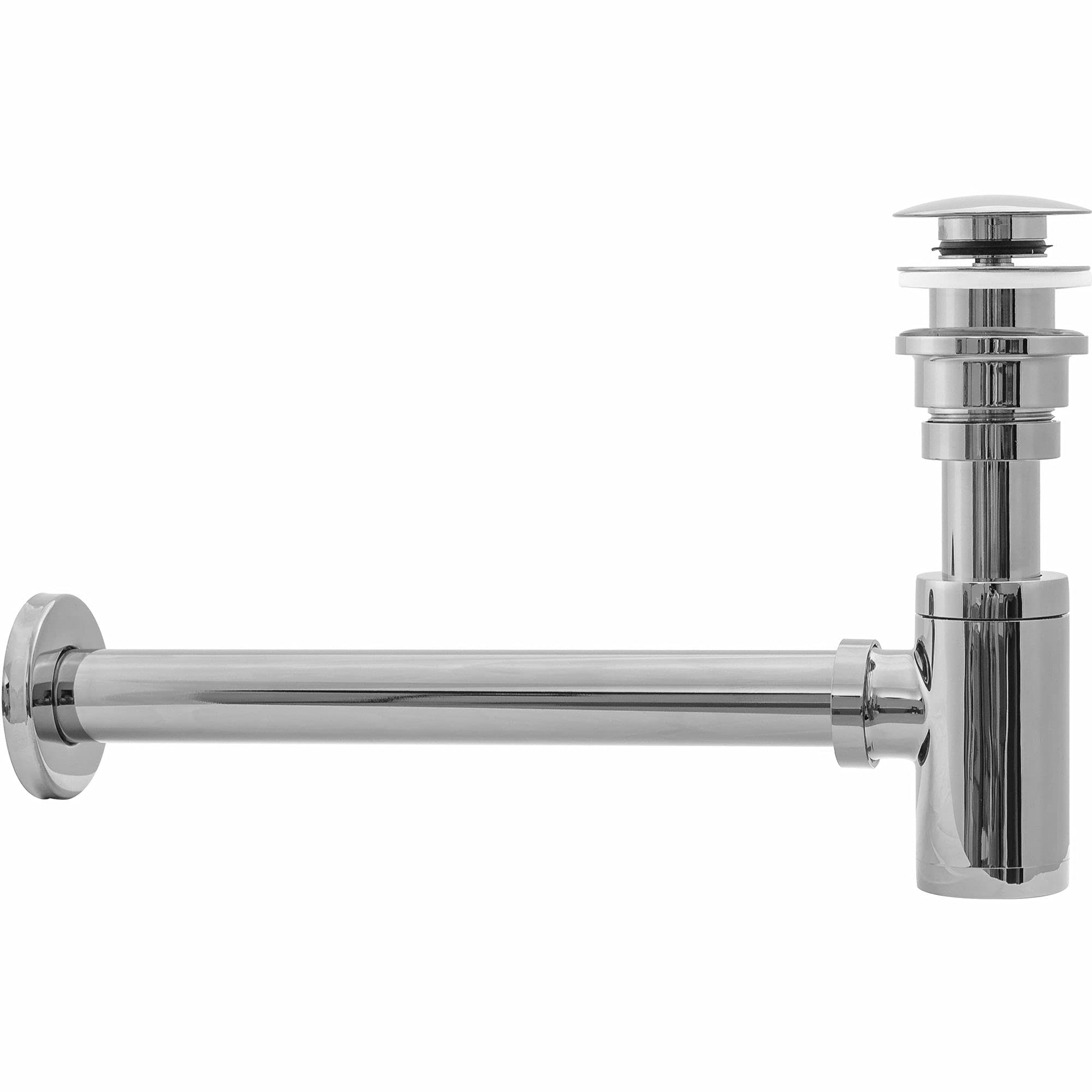 REA Sifón Tubular Universal de Acero Inoxidable para Fregadero y Fregadero, Altura Regulable, Sifón de Desagüe + Tapón Click-Clack, Válvula Pop-Up, Plata/Cromo