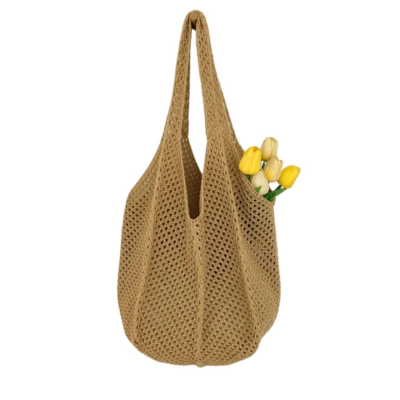 Ebzfaso Brown Crochet Mesh Beach Tote Bag