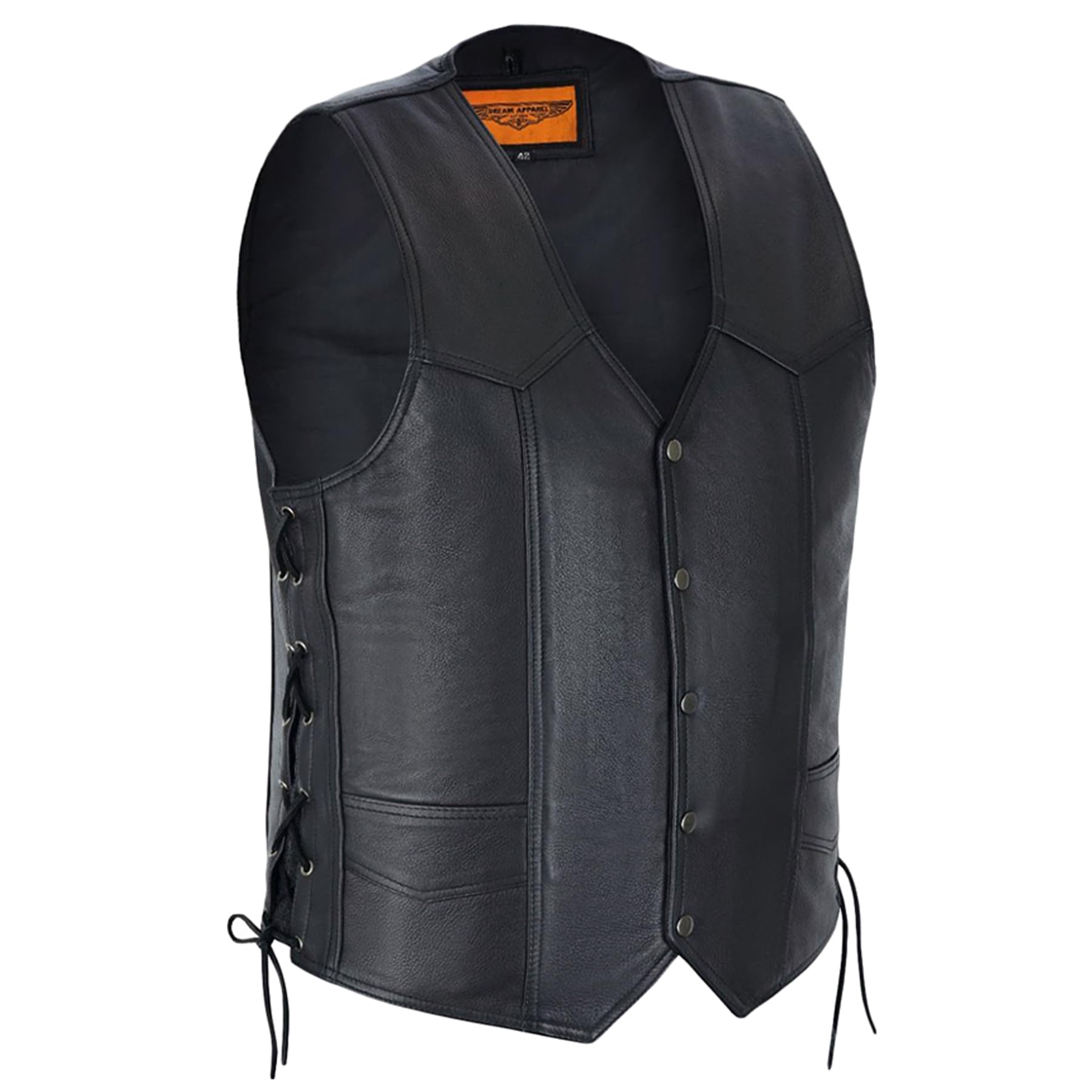 Dream Apparel Mens Leather Motorcycle Vest for Riding, Biker Vest Black Club Vest with 6 Pockets & Side Laces