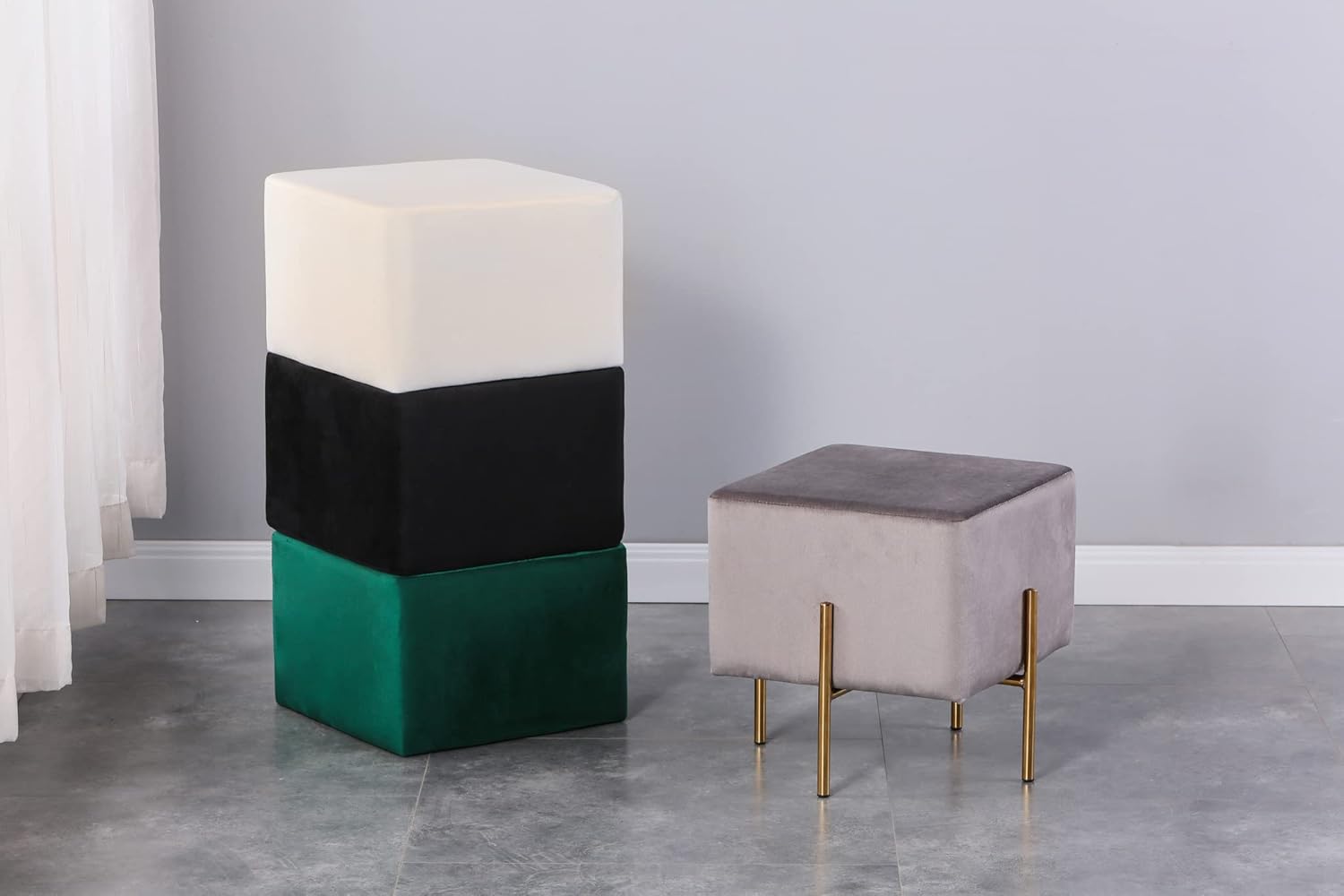 Kirpi Gray Ottoman Foot Stool Set of 2, Modern Luxury Velvet Vanity Stool, Cube Foot Rest, Square Upholstered Footrest with Gold Metal Legs - Gray