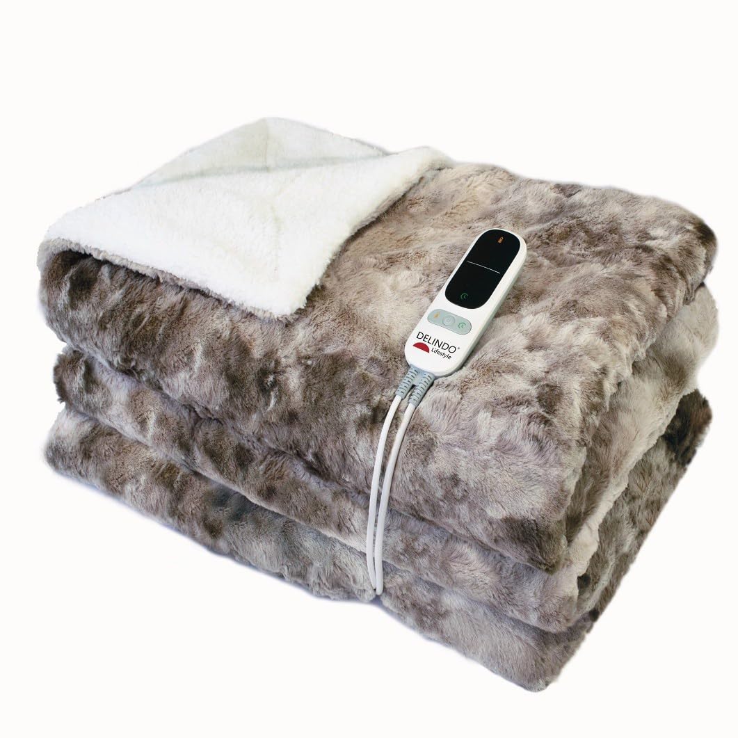 Delindo Lifestyle Heizdecke mit Abschaltautomatik 09004197, große Kuscheldecke XXL mit 9 Temperaturstufen, mit Lammfell Optik, 215 x 240 cm, beige