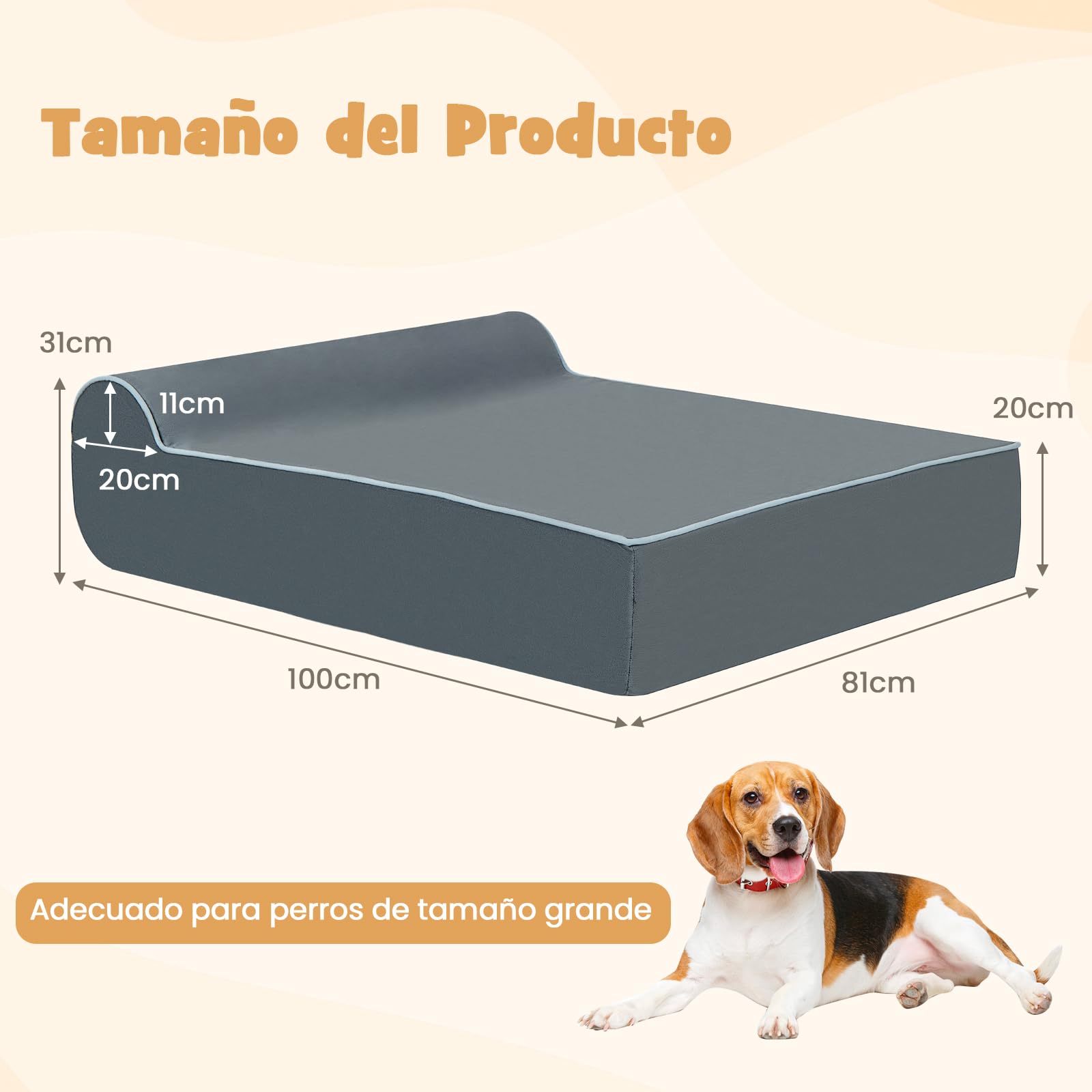 COSTWAY Cama Perro Grande, 100x81x31 cm, Cama Ortopédica para Perros con Espuma de Memoria y Reposacabezas, Base Antideslizante, Desenfundable y Lavable, Colchoneta Perro Desmontable, Gris