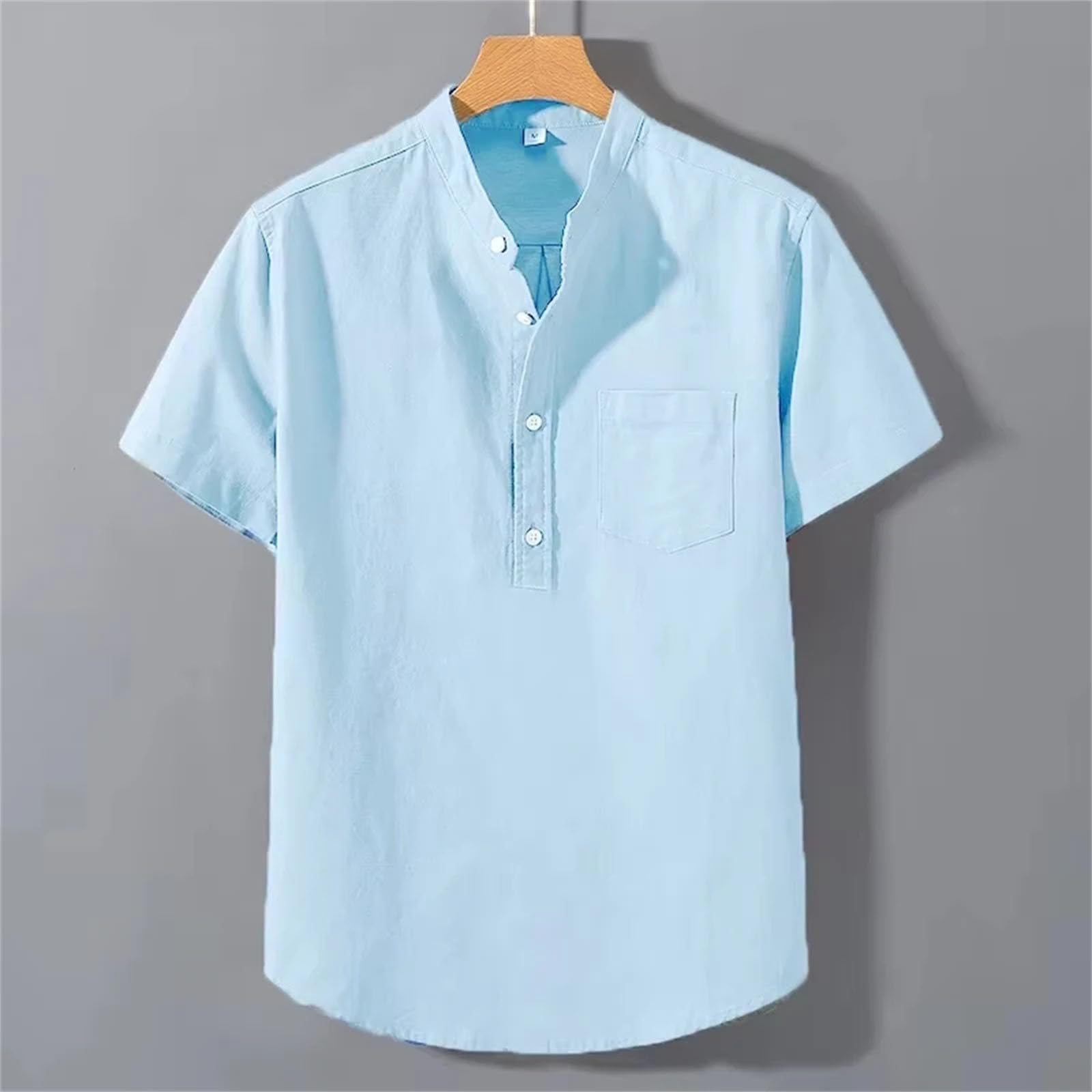 Camisa de algodón de manga corta con cuello alto para hombre, color liso, transpirable, holgada, básica, con bolsillos, estilo casual