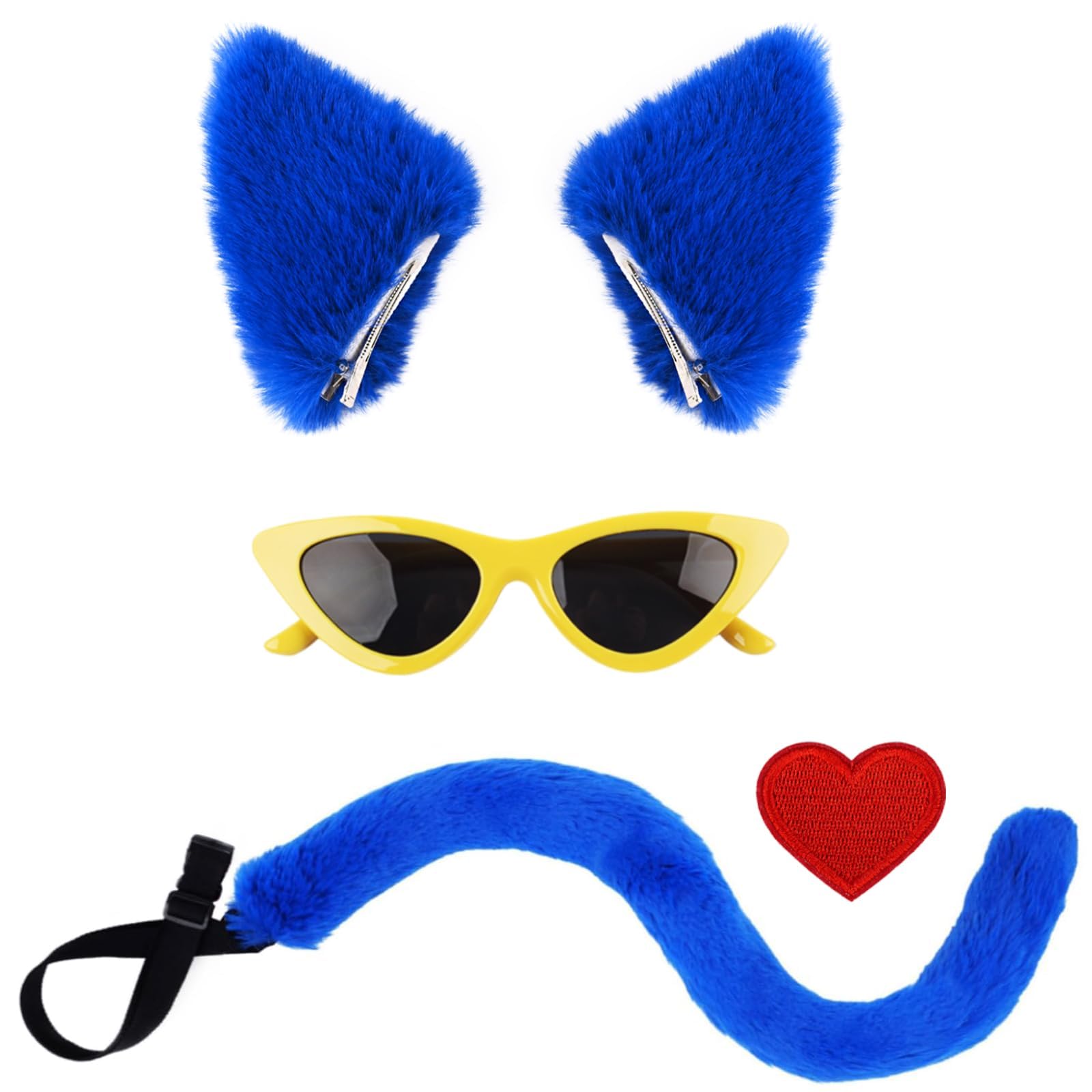 Blue Cat Ears Headband Cat Tail Set Yellow Glasses Heart Sticker Adult Christmas Halloween Costume Party Accessories