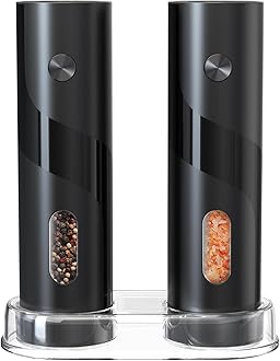 CIRCLE JOY Electric Salt and Pepper Grinder Set Top-Refill Battery Operated Salt and Pepper Mill Grinders with Storage Base, Adjustable Coarseness, 120ml Capacity and White LED Light, Black
