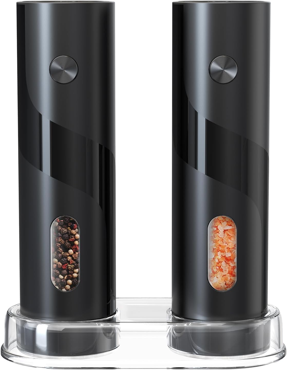 CIRCLE JOY Electric Salt and Pepper Grinder Set Top-Refill Battery Operated Salt and Pepper Mill Grinders with Storage Base, Adjustable Coarseness, 120ml Capacity and White LED Light, Black