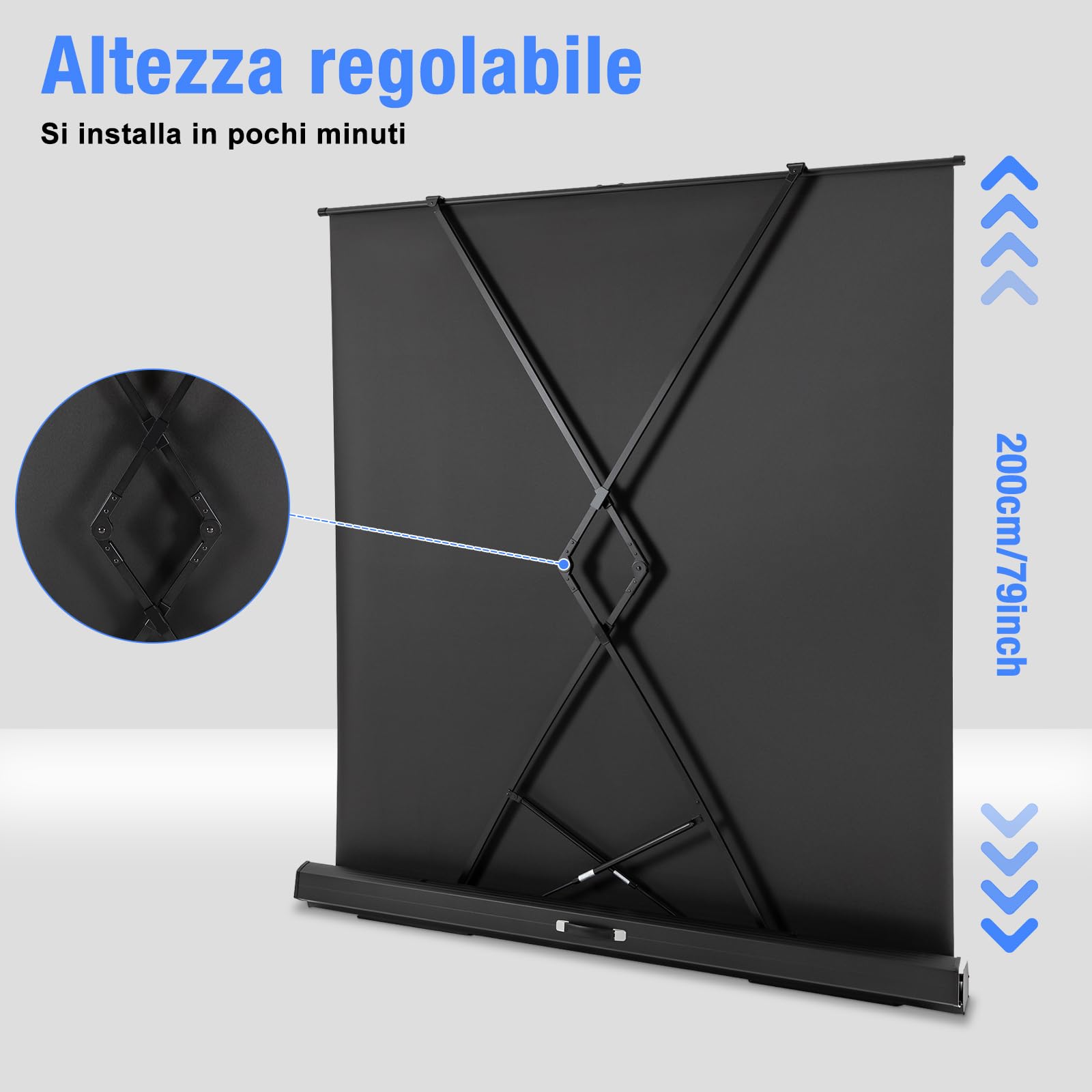 Schermo di proiezione da pavimento in fibra ottica nera opaca, 80 pollici, 16:9, 1.2, angolo di visione di 160°, altezza regolabile, nessun montaggio richiesto