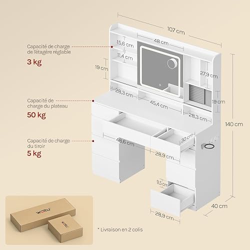 WOLTU Dressing Table with Sliding Mirror, LED Lights and Power Strip - 9