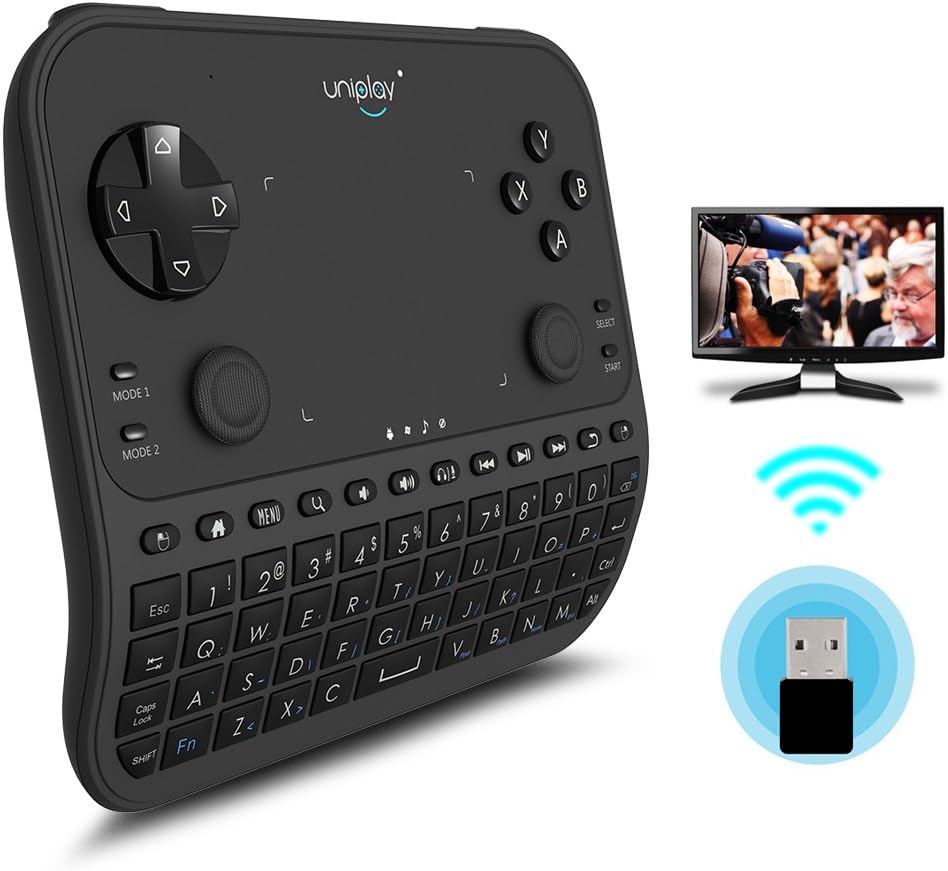 Uniplay 2.4G Newest Wireless Mini Keyboard with Touchpad and Mouse TV Remote Control Wireless Game Controller Gamepad for Android TV Box Computer Notebook Windows Replacement Stick Amazon Fire Box