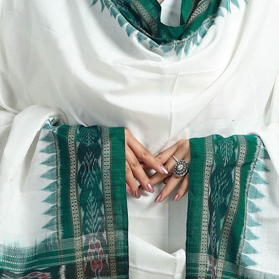 Image of Cotton Dupatta with weaving and Ikat woven border from the Weavers Stole for Girls & Women