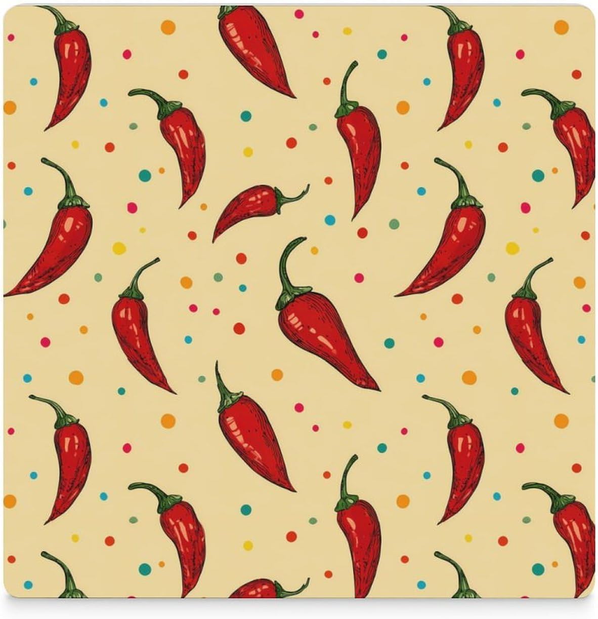 Hot Chili Peppers Colorful Dotted Coaster for Drinks Square Ceramic Table Coasters Stone Mat Crafts 4PCS Home Kitchen Decor