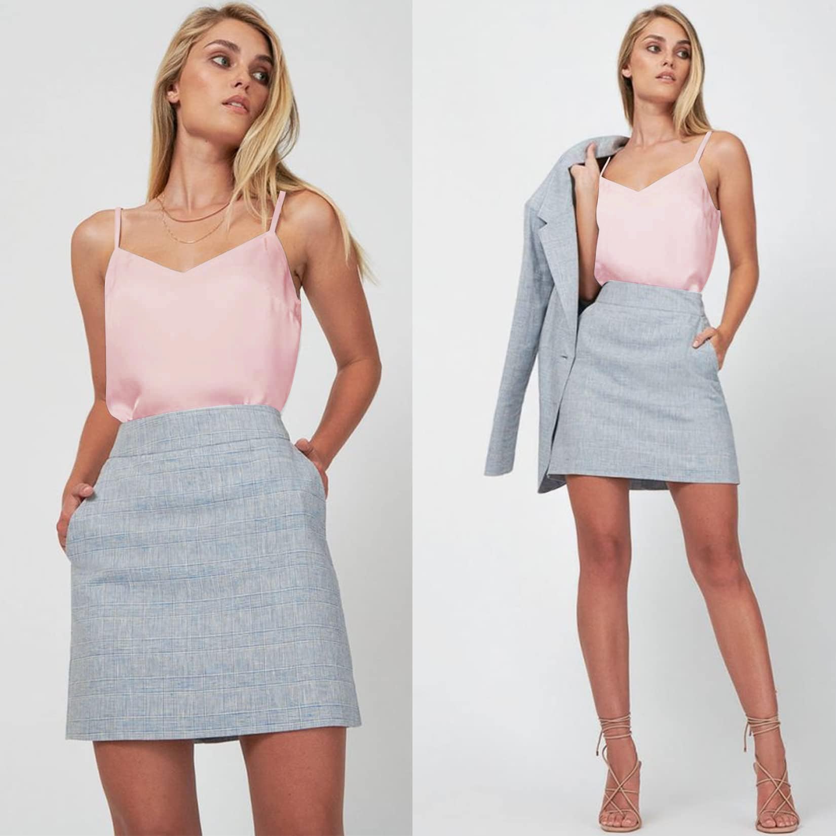 Zeagoo Top estivo da donna, in raso di seta, con scollo a V, senza maniche, con spalline sottili regolabili, modello basic