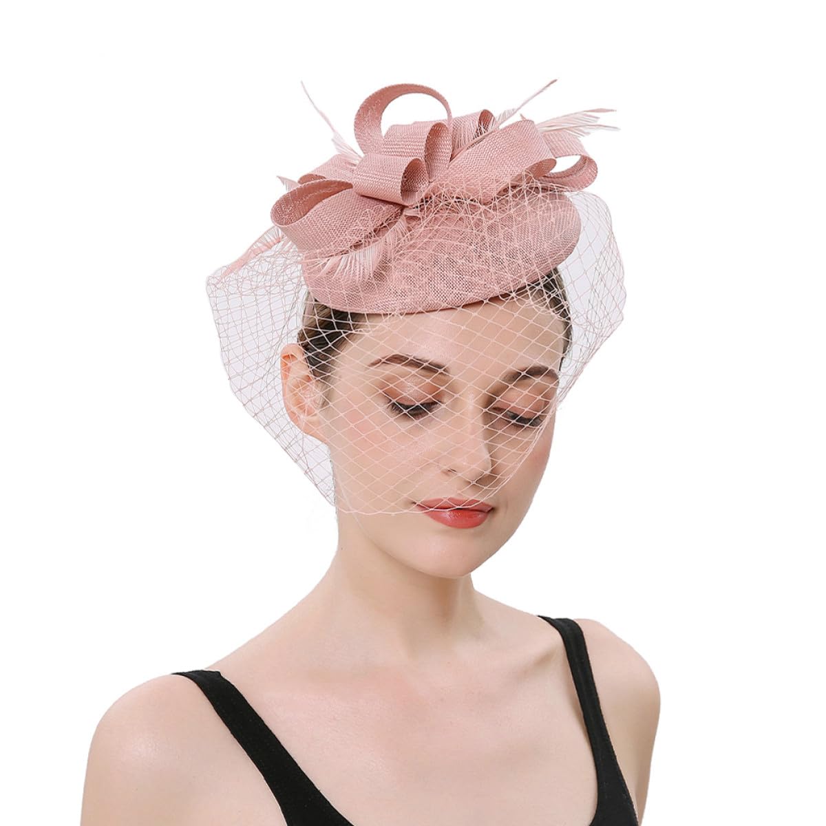 VILLCASE Fascia per Chioma Fascinator in Rete Rosa Cipria, Copricapo da Festa del tè e Banchetto Elegante, Accessorio Leggero e Resistente per Cerimonie e Serate Speciali