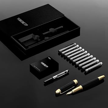 Luxury Fountain Pen Gift Set For Writing Smooth, Fine Nib, Includes Refillable Ink Converter &10 Black 3.4mm Ink Cartridges Metal Pen,Journaling Fancy Pen
