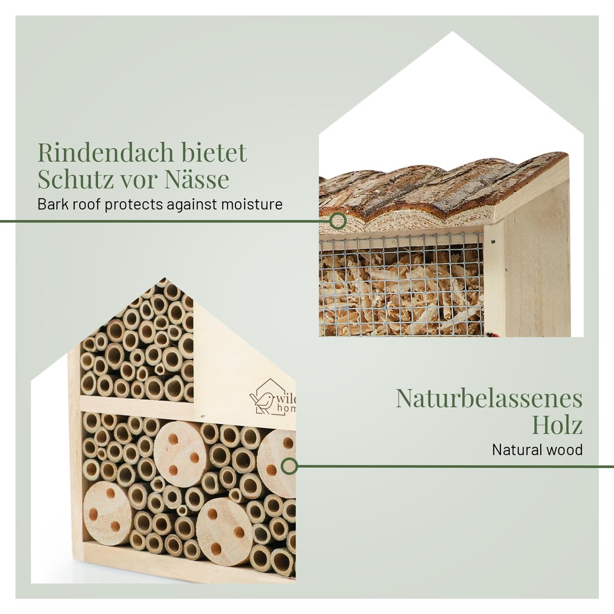 WILDLIFE HOME Hotel para insectos con techo de corteza I Sin tratar, casa de abejas de madera maciza para abejas, mariquitas y crisopas, casa de insectos I Nido para colgar hotel para insectos