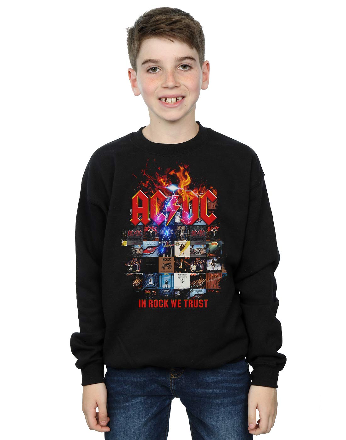 Absolute Cult Boys Black Ac/Dc In Rock We Trust Album Cover Sweatshirt 12-13 Years
