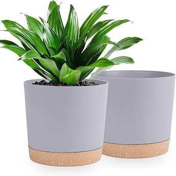 QCQHDU Bumper Pots Pack of 2 25.4 cm Flower Pots for Indoor Plants with Drainage Holes and Removable Base Coaster Modern Decorative for Garden Planters Outdoor Light Grey 25.4 cm