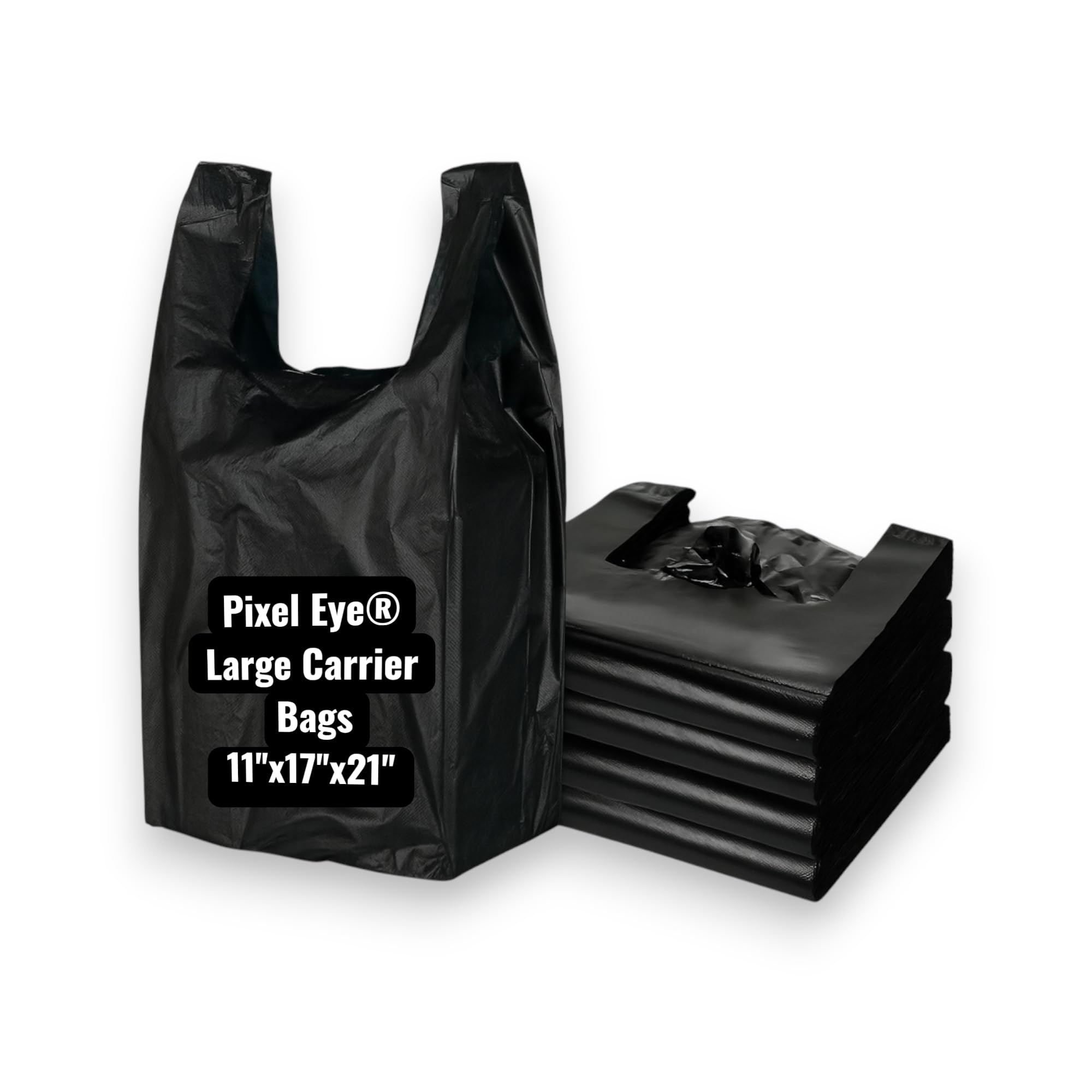Pixel Eye Plastic Carrier Bags BLACK LARGE Strong with Handles 100 Large Reusable Bags Heavy Duty Shopping, Retail, Grocery, Takeaway, Eco-Friendly, Recyclable Shopping Bags Plastic Bags