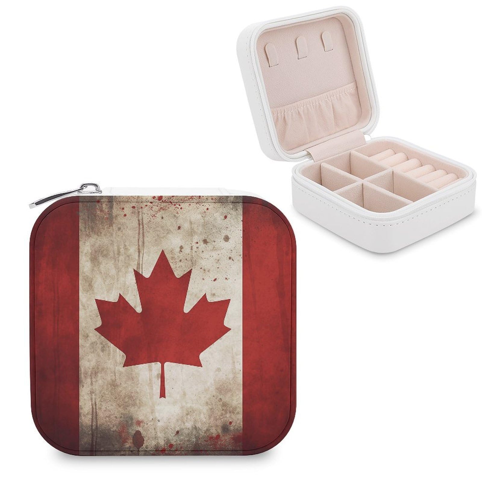 VstaDank Retro Canada Flag Travel Jewelry Case Zipper Portable Small Jewelry Box Custom Pu Leather Mini Traveling Jewelry Organizer for Rings Earrings Necklace Bracelet Girls Women