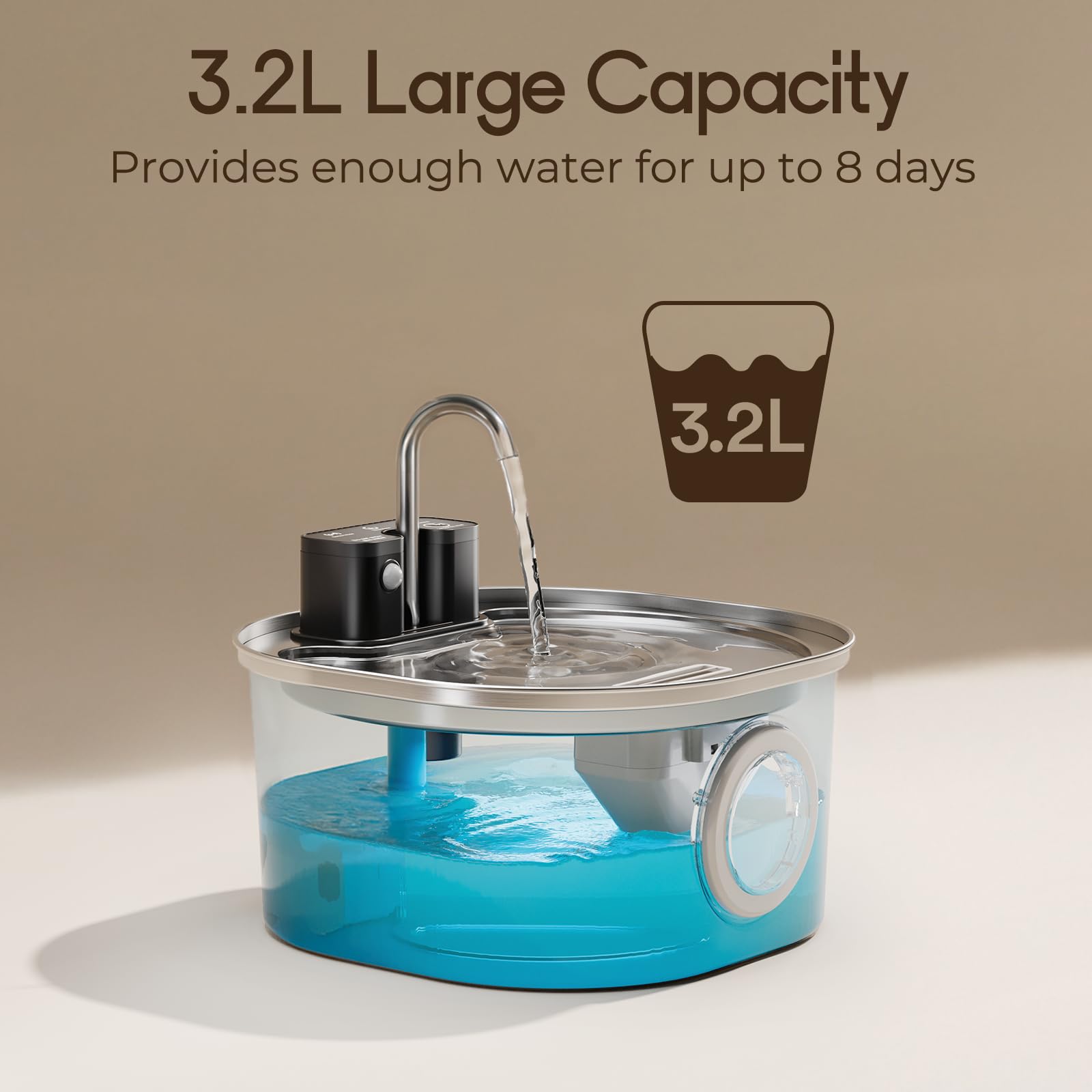 Voluas Cat Water Fountain Stainless Steel: 108oz/3.2L Wireless Cat Fountain Battery Operated for Drinking Indoor, Automatic Pet Water Dispenser Bowl with Ultra Quiet Pump, Easy Clean BPA-Free - image 5