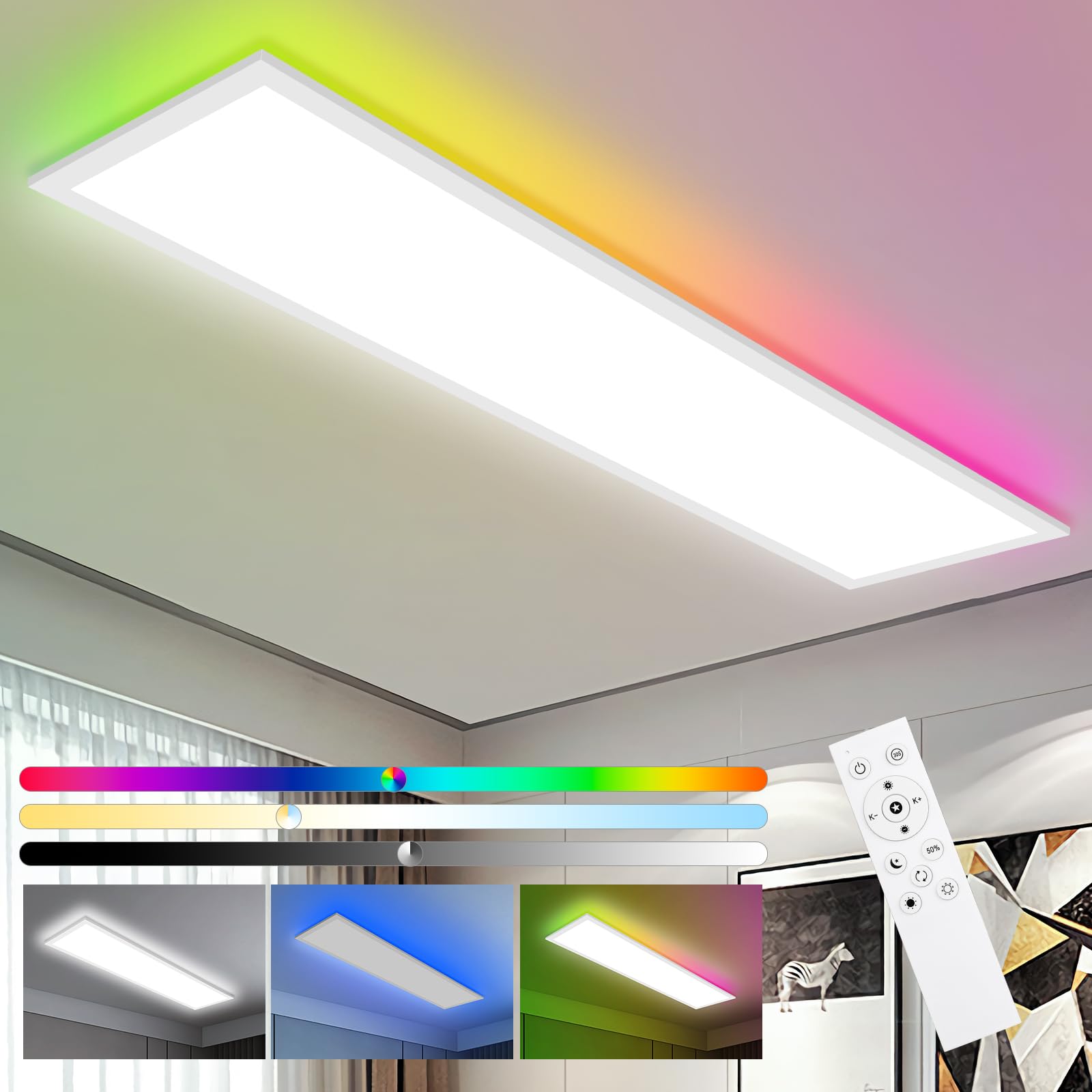 Oraymin Panel LED Plafón Regulable 120x30 cm con retroiluminación RGB, 40W 4800LM, Plafón con control remoto y función de memoria, lámpara 3000K-6500K para salón, dormitorio