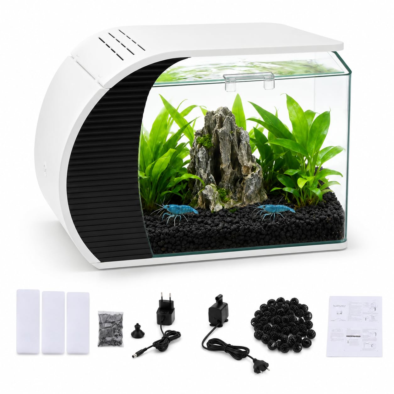 Acquario con illuminazione a LED e pompa d'acqua, capacità per pesci ornamentali, granchi, piante, ideale per soggiorno, camera da letto, ufficio, decorazione