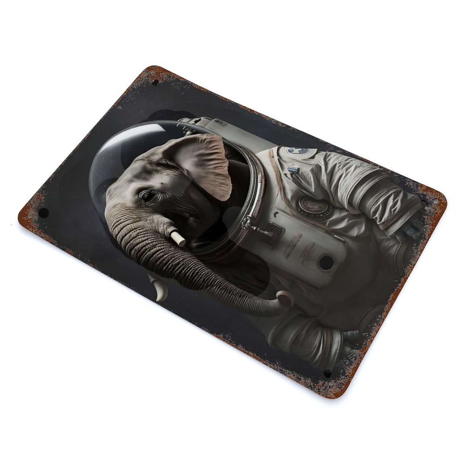 Astronaut Elephant 11.8"x7.9" Aged Metal Wall Plaque, Novelty Wall Decor for Garage, Bar And Workshop Decor
