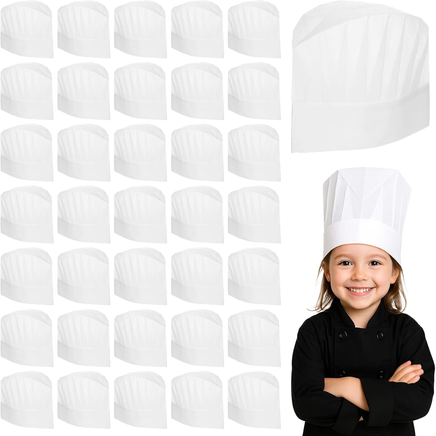 100 Pack Chef Hat for Kids, Adjustable School Cooking Cap Disposable White Non-Woven Fabric Chefs Hat for Baking, Cooking, Activity, Barbecue Party, Home, School, and Restaurant