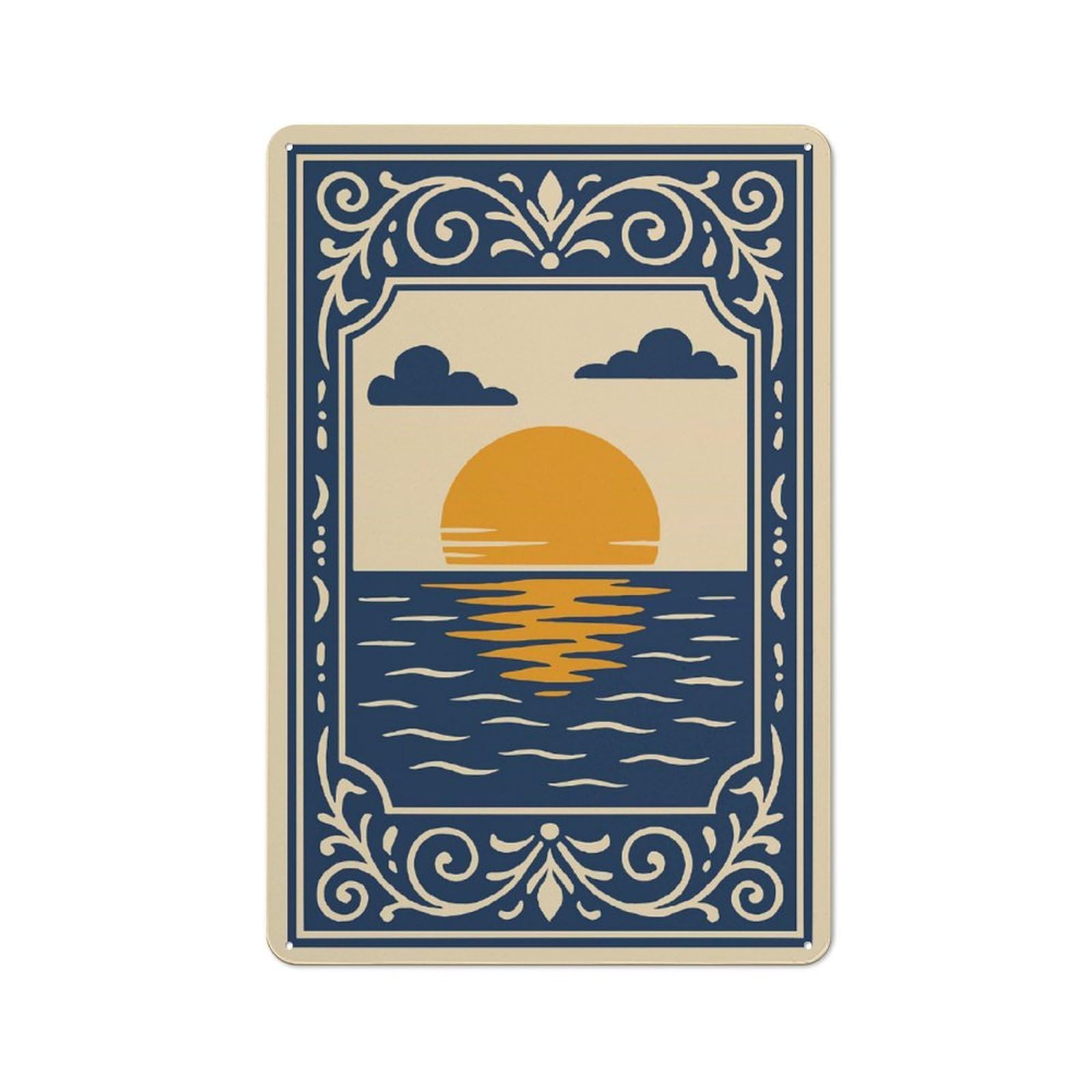Junmoney Style-6 Sunset Over The Ocean Illustration Tin Sign 30X20cm For Living Room Wall, Rustic Wall Decor, For Living Room Decor Lovers