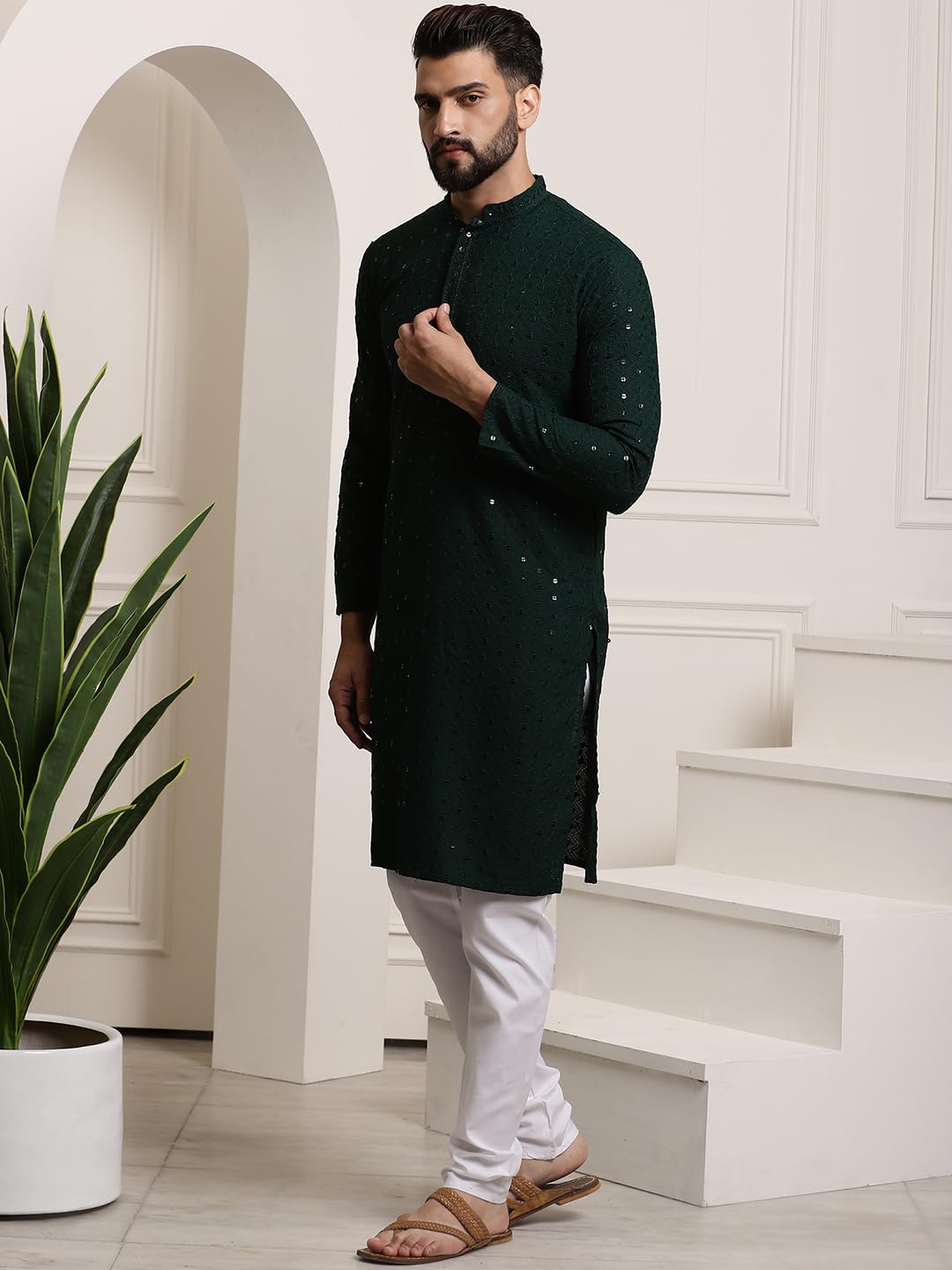 Sojanya (Since 1958 Men's Pure Cotton Dark Green Sequence Kurta & White Pyjama Set