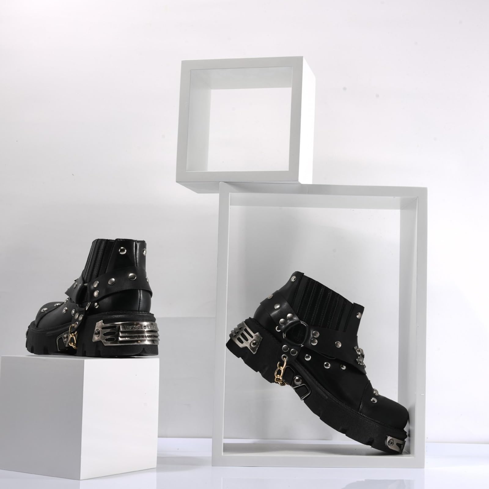 Stivali Da Motociclista A Metà Polpaccio In Vera Pelle Da Uomo, Stivali Da Cowboy Retrò Punk Metal Rock Da Donna, Scarpe Con Plateau
