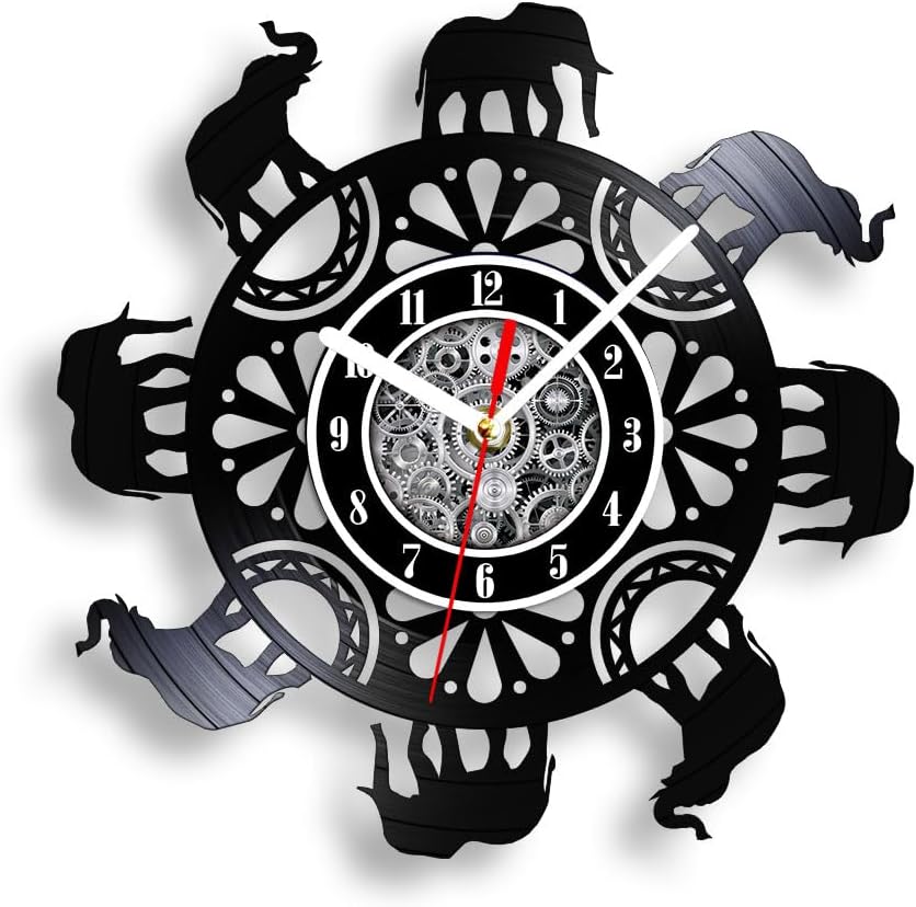 The Geeky Days Tribal Elephants Vinyl Record Wall Clock Elephant Family in Circle African Animals Art Decor Silent Movement Timepieces Laser Cut Music Album Longplay Handicraft Carved Wall Clock