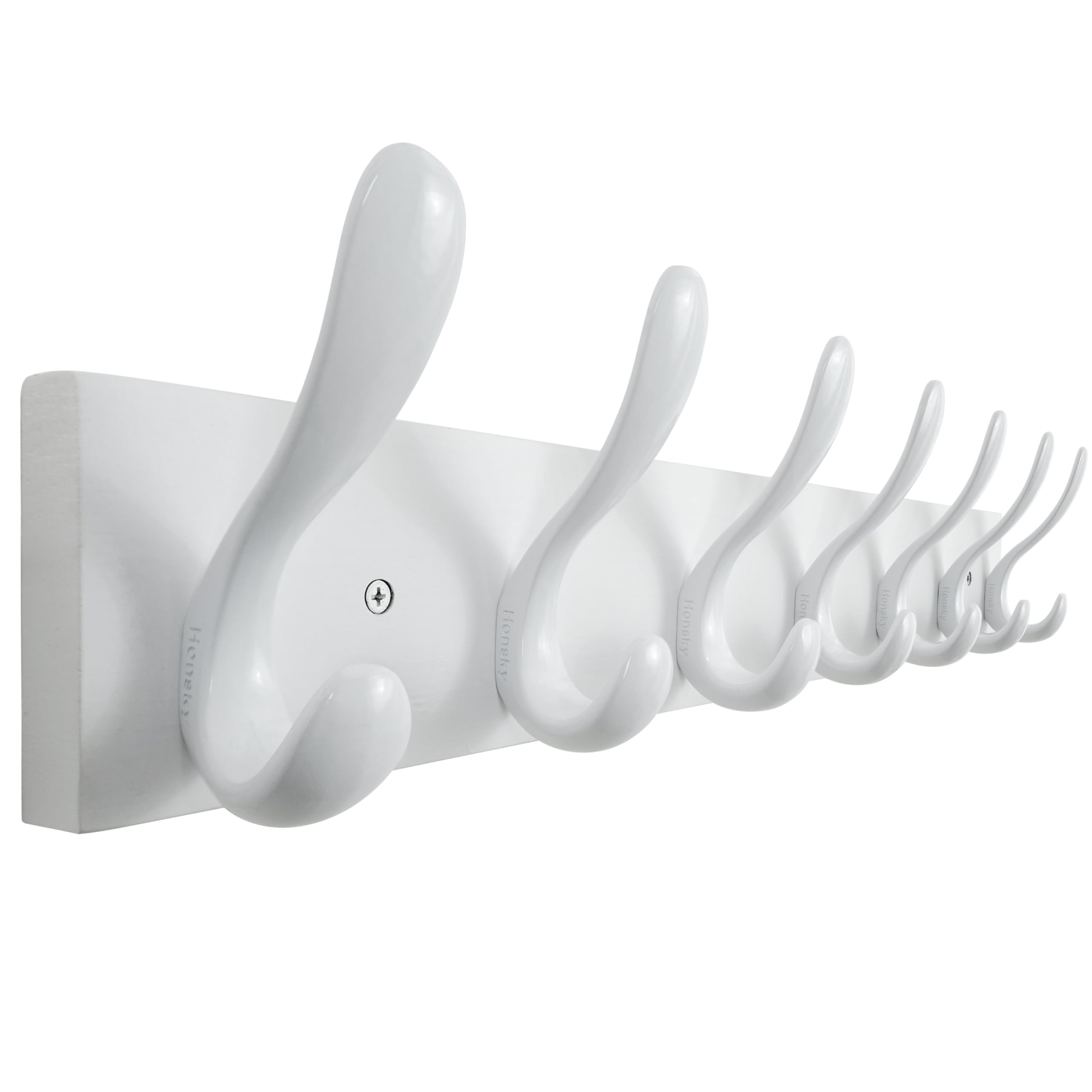 HONSKY Wall Coat Rack, 53cm Wooden Coat Hanger with 7 Double Hooks,Wall Coat Hook,Towel Rack Hanging Coat,Towel,Bag for Entryway, Hallway, Bedroom, Living Room,White Base/White Hook