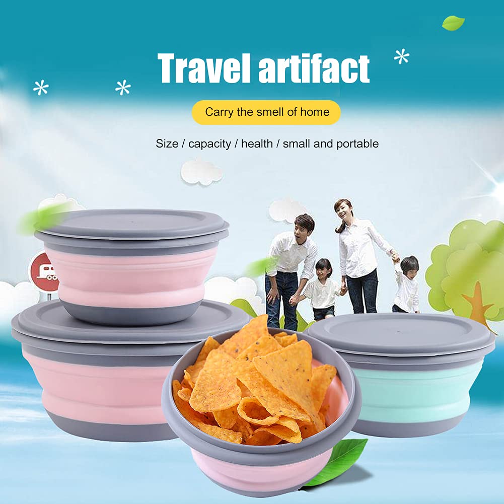 🥣 Set De 3 Cuencos Plegables Con Tapa Para Camping - Silicona Alimenticia (Rosa, Ahorra Espacio)