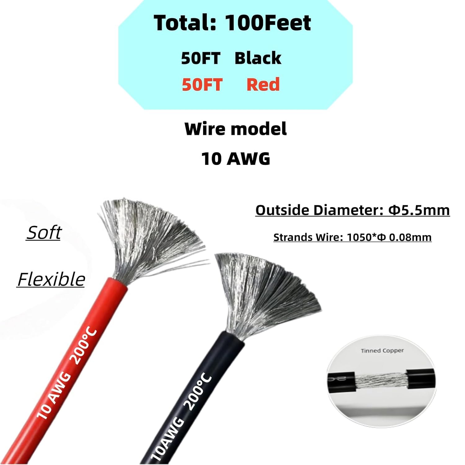 10 AWG Gauge Silicone Wire Electrical Cable（50ft red &50ft Black） Soft & Flexible 0.08 mm Tinned Copper core High Temperature Resistant Silicone Wire for Arduino Projects, RC Cars, Boat, Drones etc.