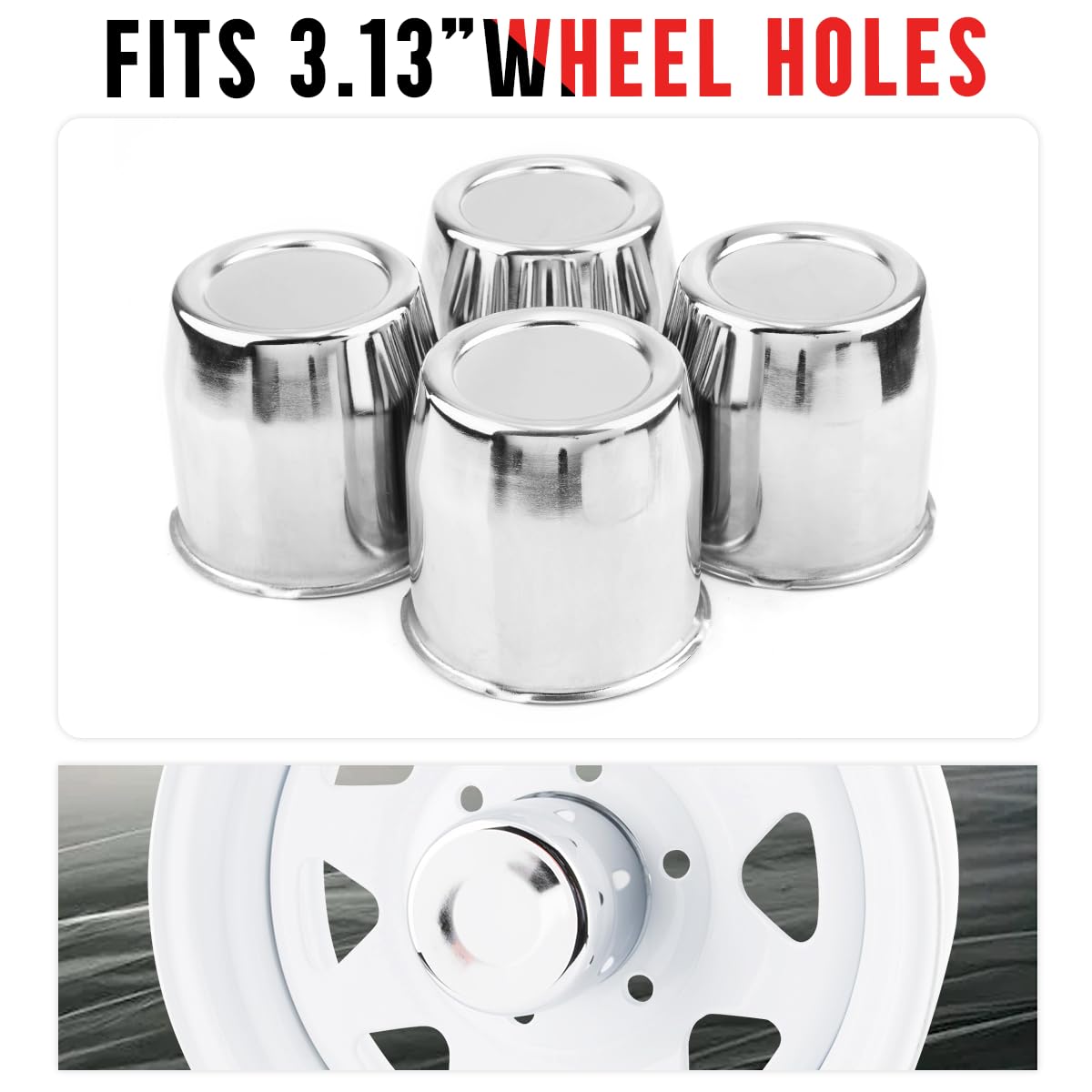 4 Short Steel Chrome Center Caps - 5.12" Bore For 8-Lug Trailer Rims, Install From Rear, RC140