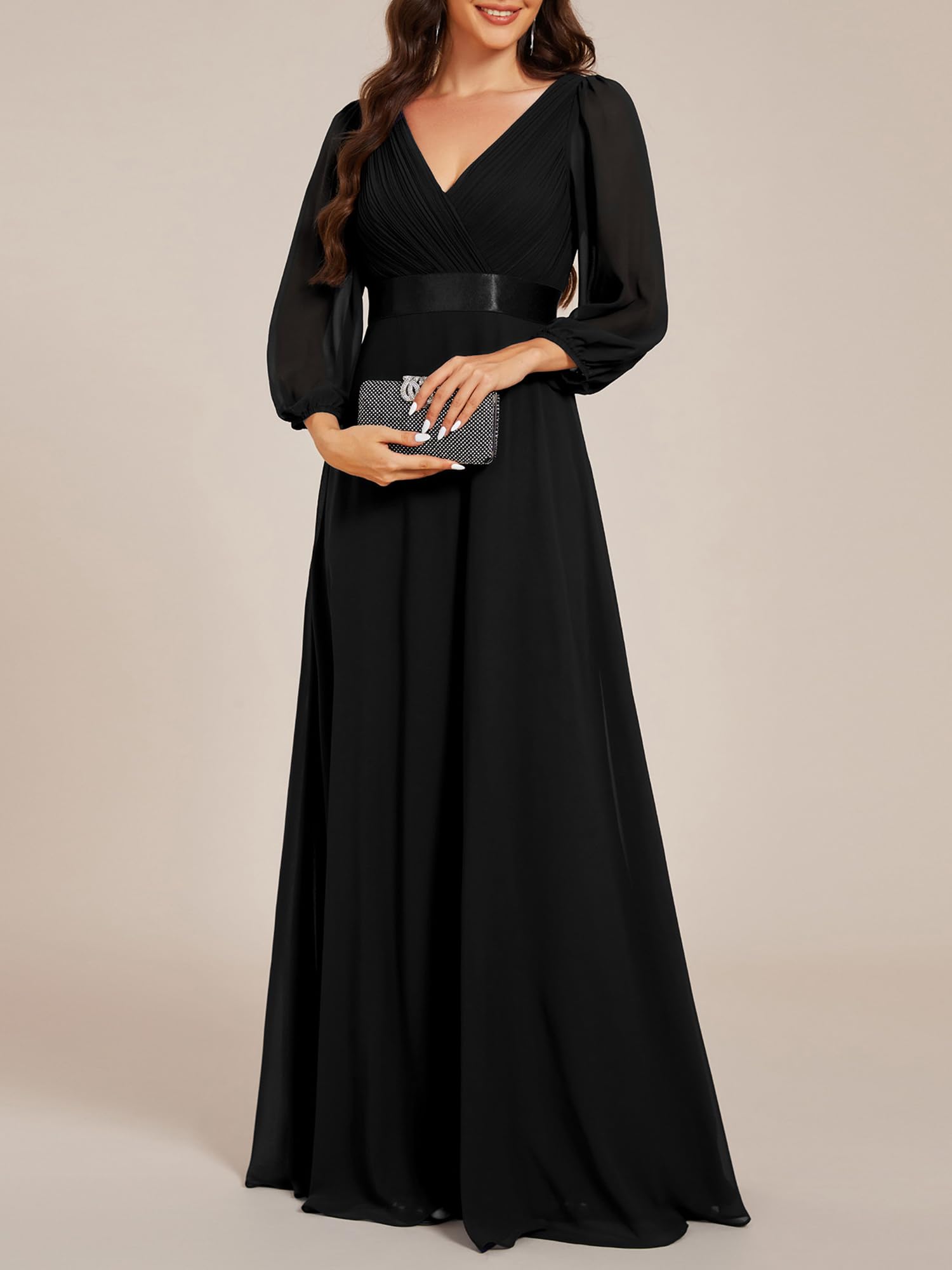 Ever-Pretty Abendkleider Elegantes Damen Für Hochzeit Lang Langarm Brautjungfernkleid Chiffon V-Ausschnitt Ballkleider EE03890
