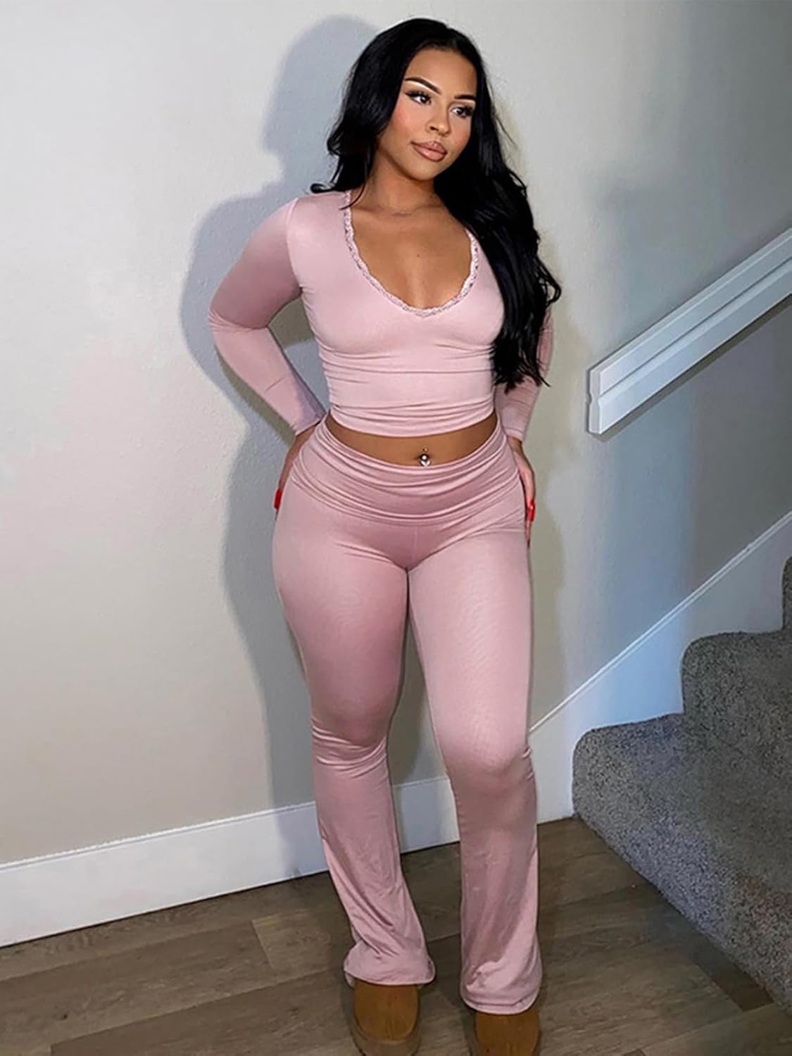 Women 2 Piece Lounge Set Contrast Lace V Neck Long Sleeve Crop Top Fold Over Flare Yoga Pants Tracksuit Casual Outfits - Image 4