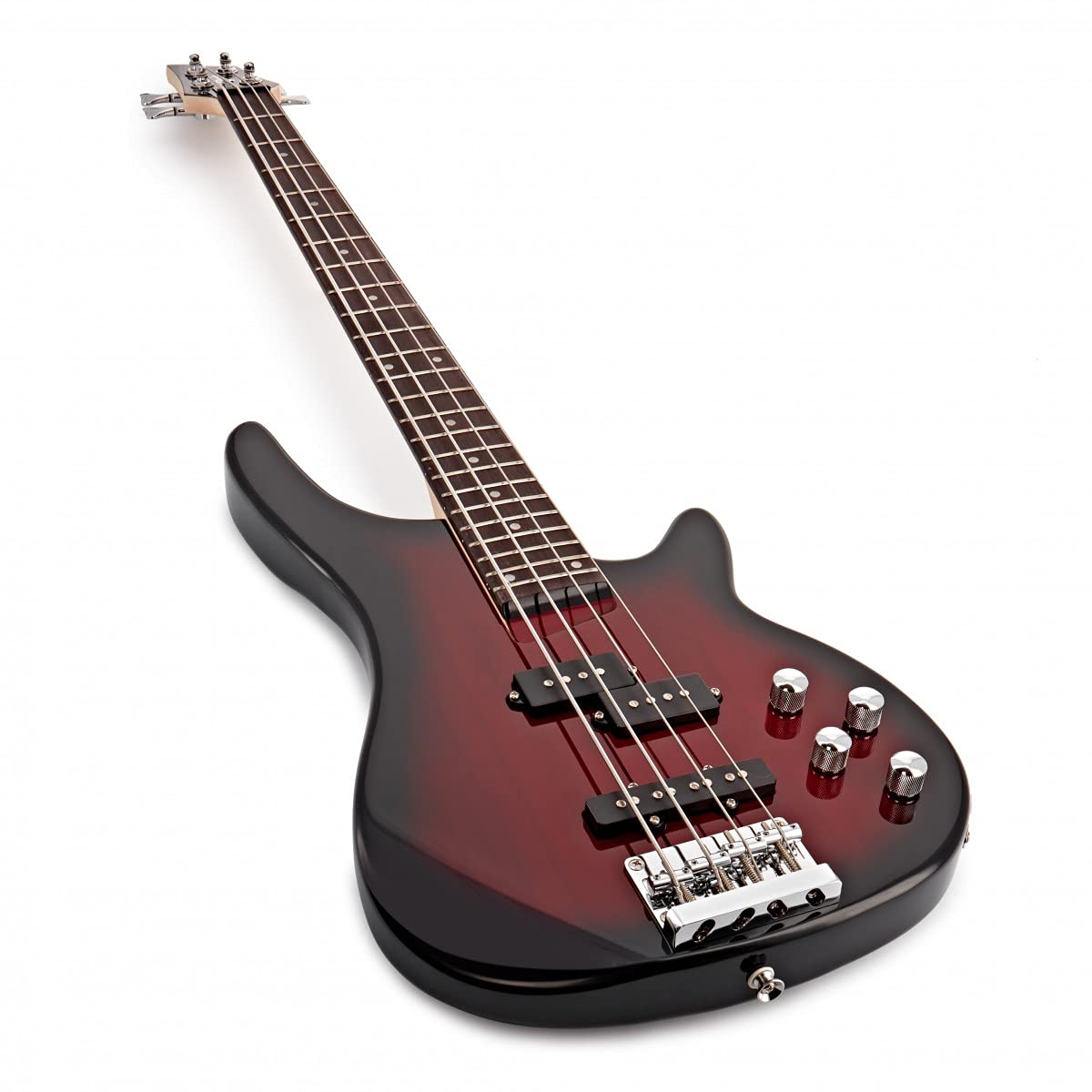 Gear4music Chicago Basso Elettrico per Principianti con Amplificatore Rosso | Corpo ergonomico leggero a larghi cutaway, pickup single e split coil, ampli 15W con EQ 3 bande