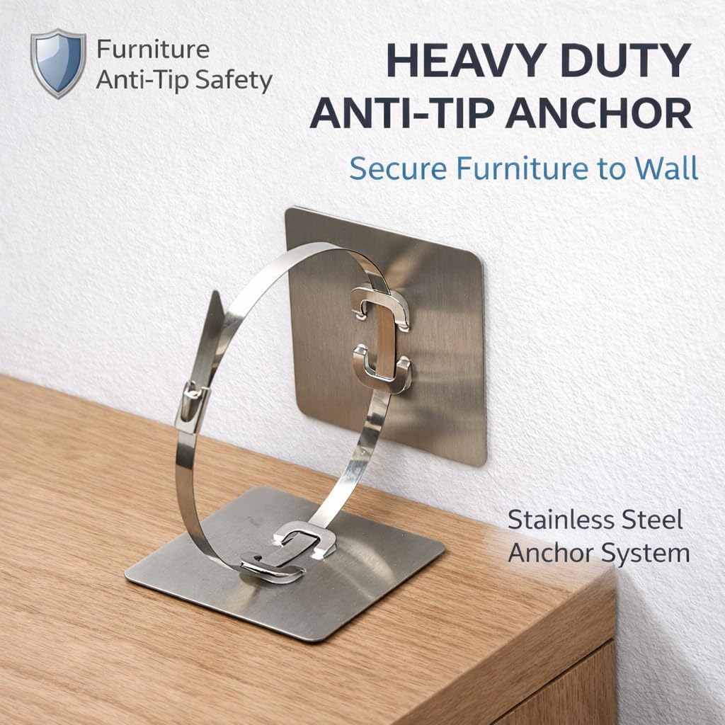 Furniture Anchors 12 Pack, Stainless Steel Anti Tip Furniture Anchors with Metal Zip Ties, Heavy Duty No Drill Furniture Wall Anchors for Baby Proofing Cabinet Bookshelf Dresser