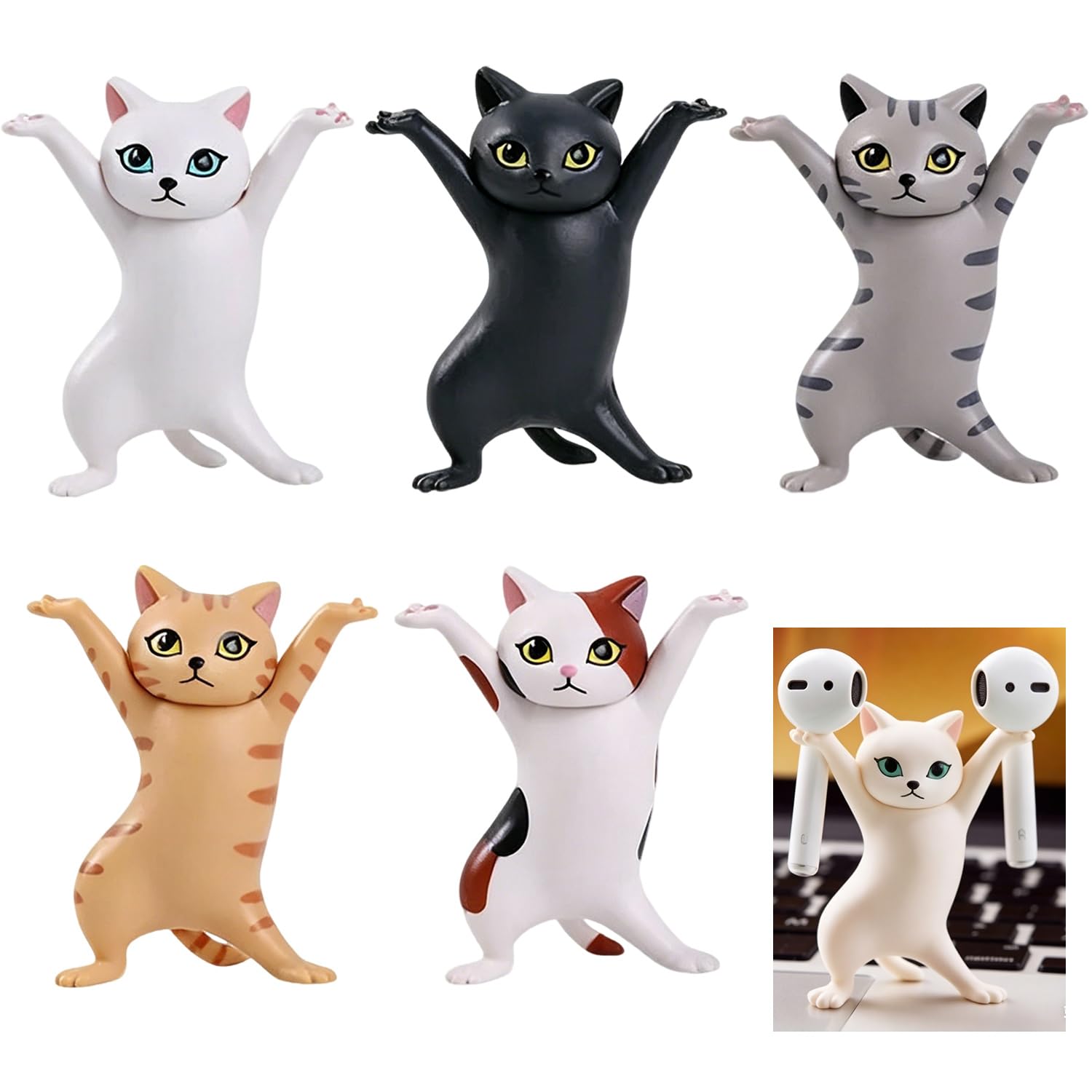 TILONKJ 5 Pack Dancing Cat Figures, Mini Cat Ornaments for Desk, Bookshelf, Car, Aquarium, Cake Decoration, Funny Cat Statue for Pen Holder or Headphone Stand (5 Colours)