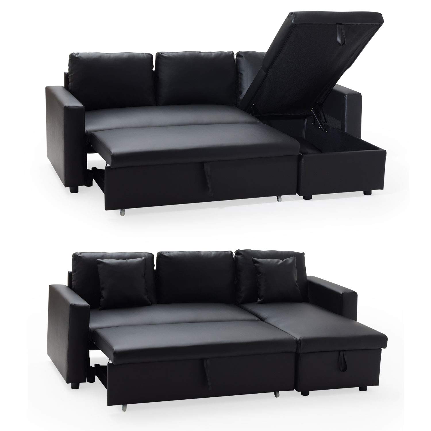 Happy Garden Canapé d'angle Convertible Clark 3 Places en Simili Noir. Canapé avec méridienne réversible et Coffre de Rangement.
