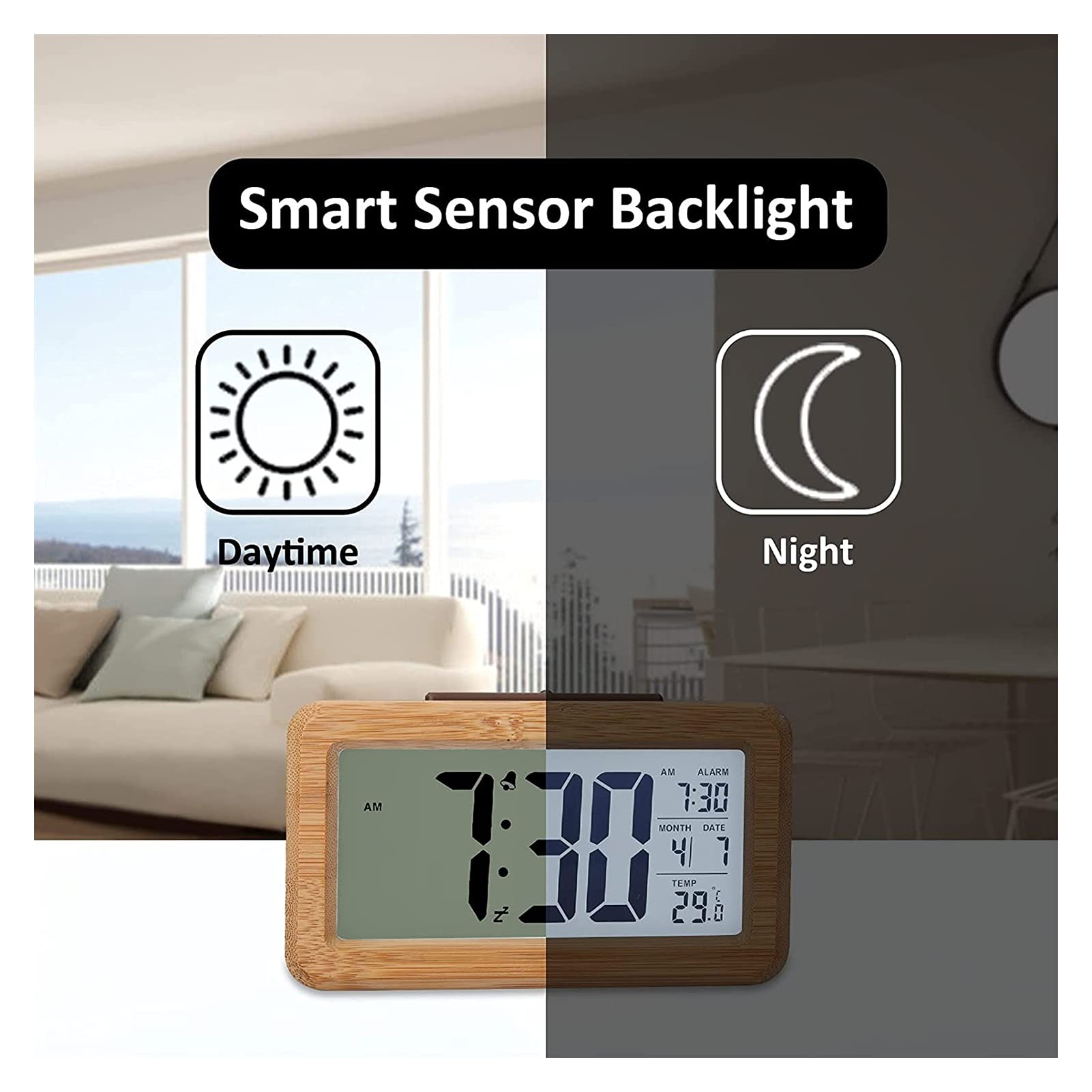 WTL Despertador Reloj de alarma digital de madera, grande DIRIGIÓ Mostrar reloj de alarma de grano de madera, sensor inteligente Luz de noche, snooze y temperatura, Operado por batería, Reloj desperta