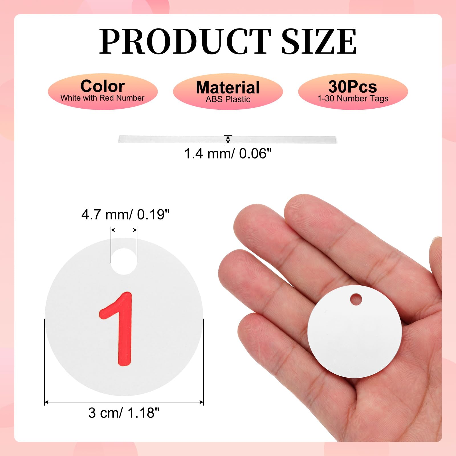PATIKIL 1-30 Numbers Tags Plastic Round Numbered Marking Identify ID Key Hang Tag for Dormitory Key Chain Box Gym Cabinet Locker, White with Red Text